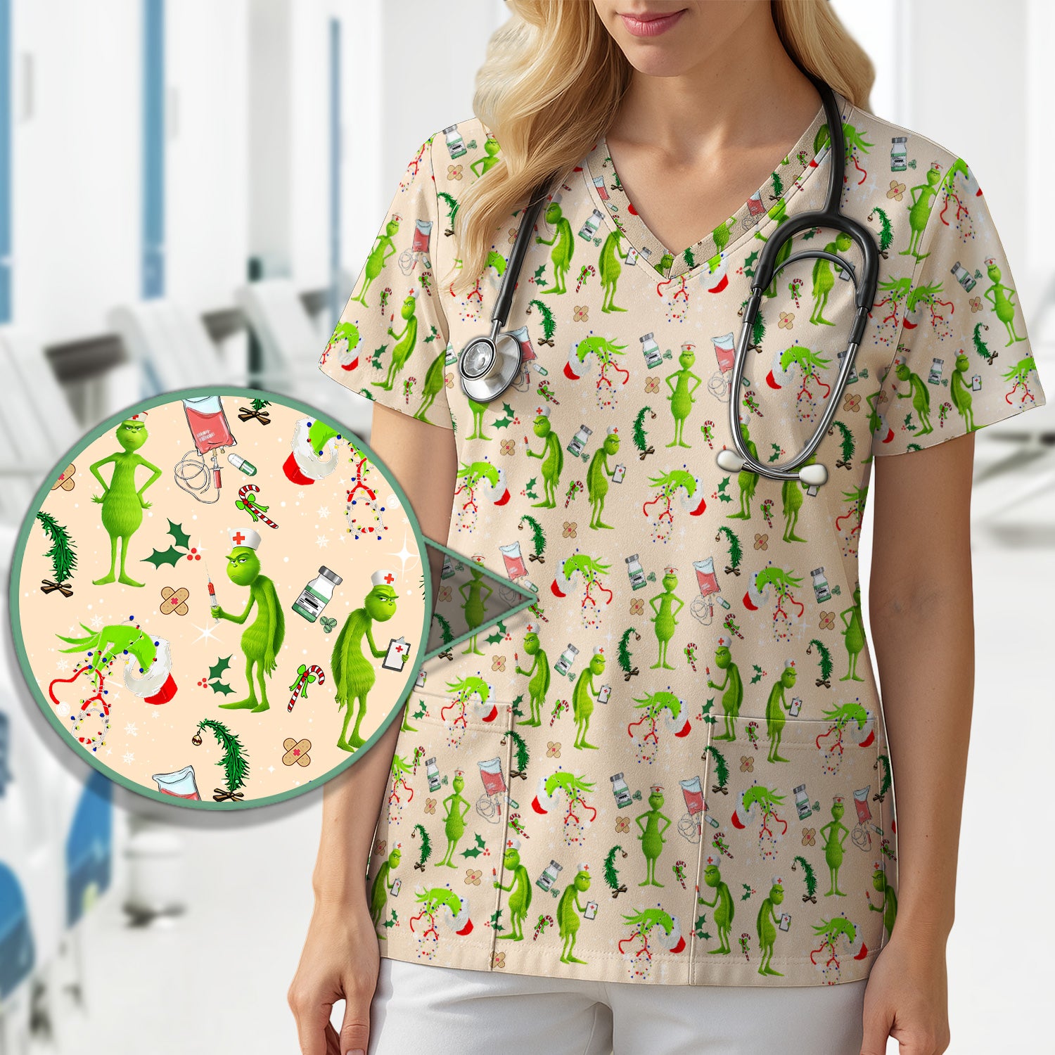 Cute Grinch Scrub Top for Nurse - Christmas Holiday Medical Shirt - Gift for CNA RN LPN Healthcare Workers