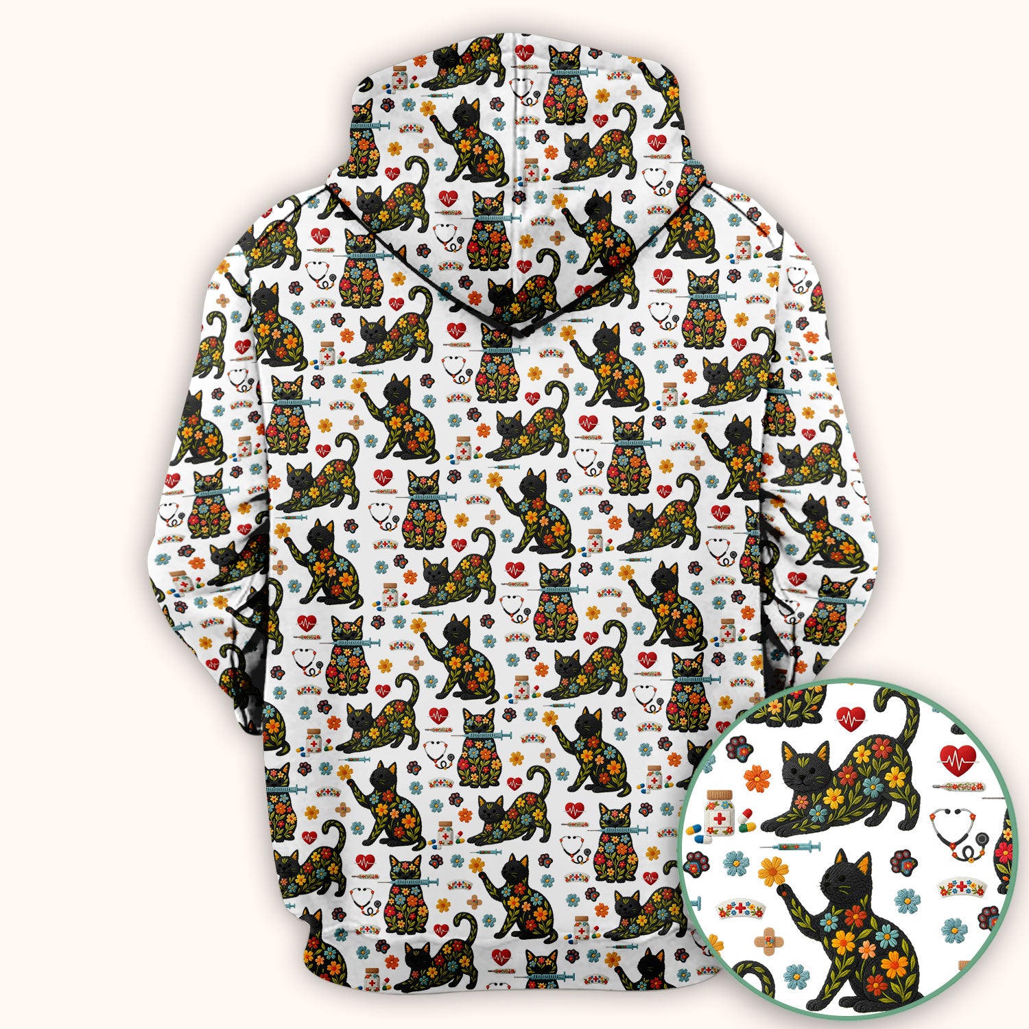 Floral Black Cat Pattern Scrub Top, Cute Cat Nurse Scrub Shirt, Medical Nursing Uniform