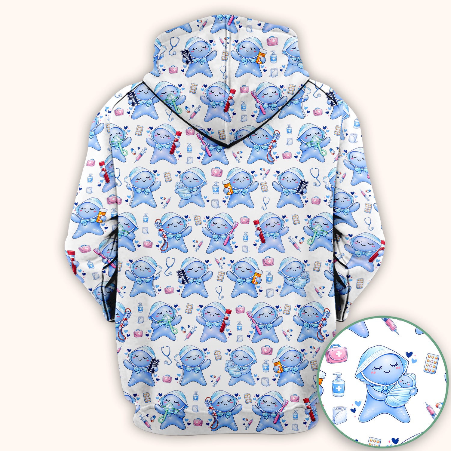 Cute Tooth Character Dental Tools Caring Pattern Scrub Top, Breathable Fabrics Nursing Uniform