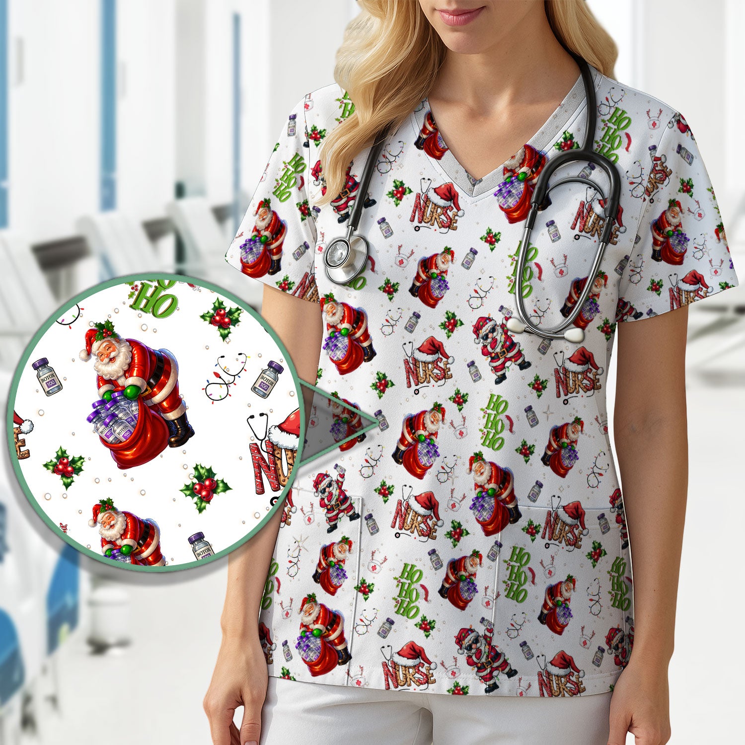 Christmas Nurse Scrub Top Multi Color - Funny Santa Claus Scrub Shirt for Women - Cute Holiday Nursing Work Shirt with Pockets