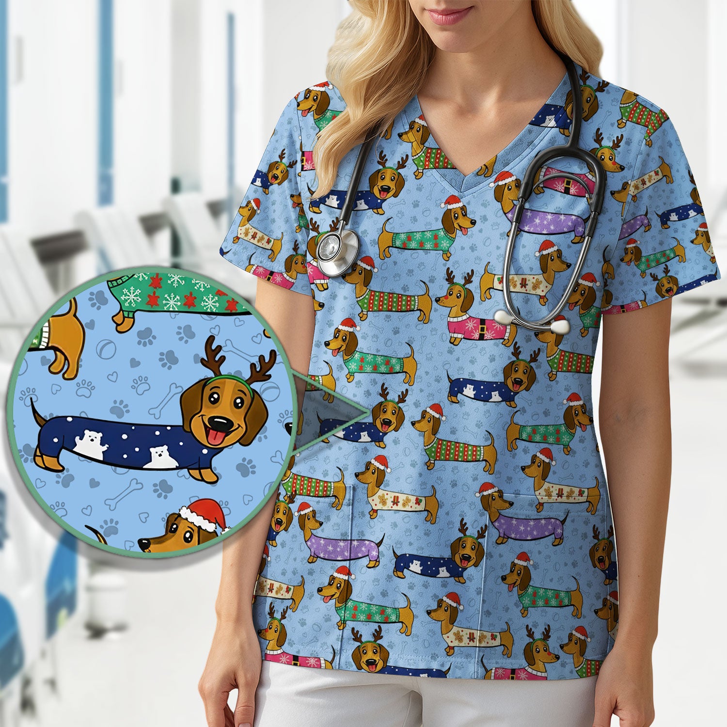 Funny Dachshund Dog Christmas Scrub Top for Nurses - Holiday Reindeer Wiener Dog Shirt - Cute Vet Tech Uniform Gift