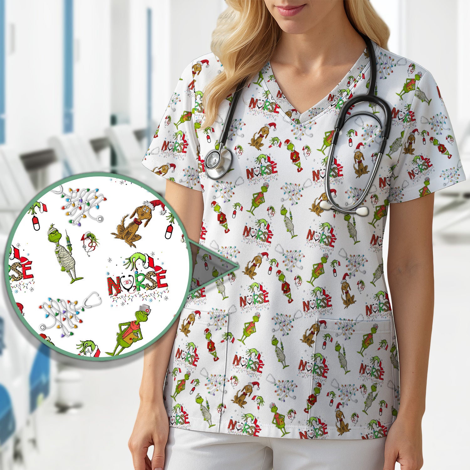 Grinch Christmas Nurse Scrub Shirt - Funny Holiday Scrub Top for Women - Multi Color Nursing Work Shirt with Pockets