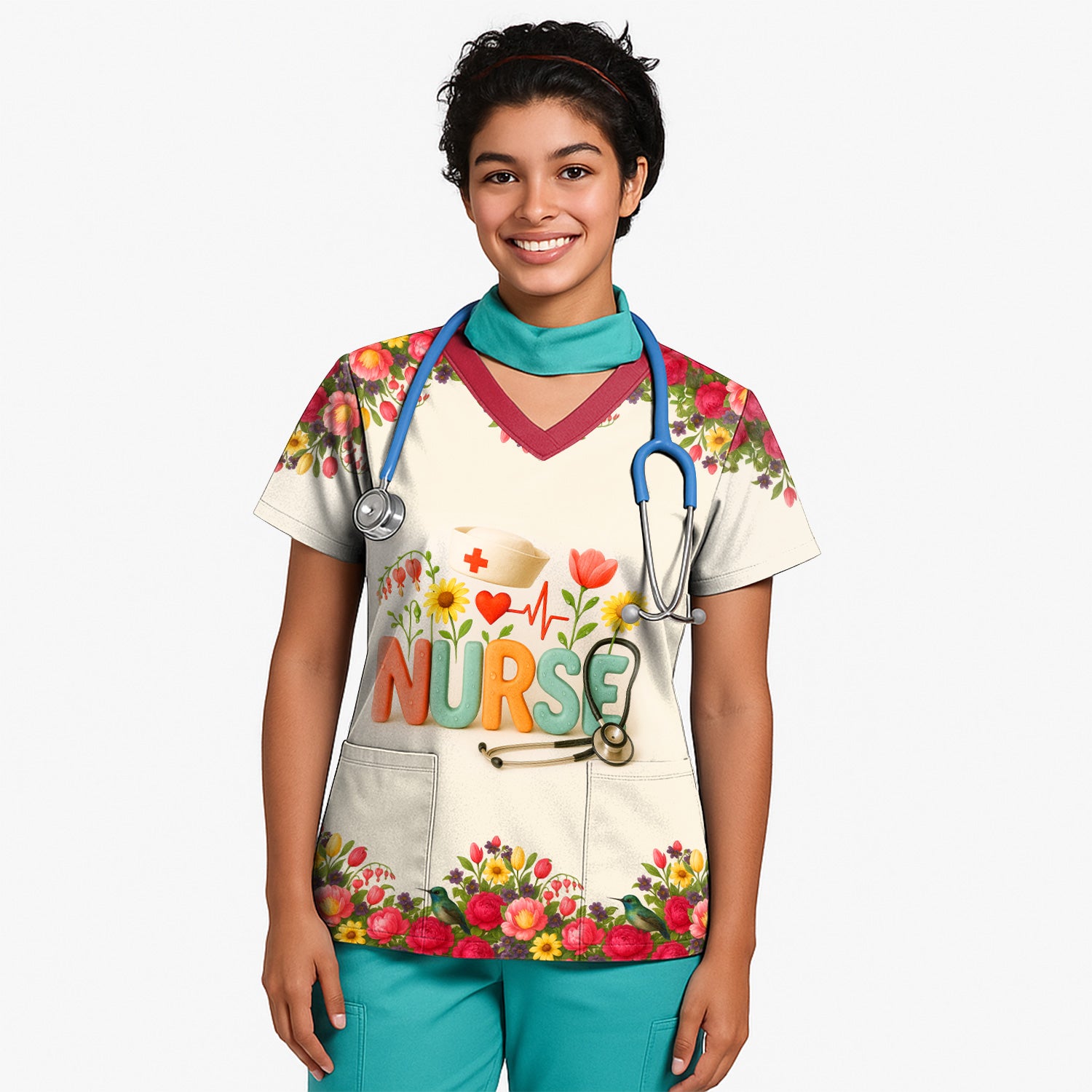 Personalized Floral Nurse Shirt with Name - Cute Colorful Flowers and Stethoscope Design - Thoughtful Gift for Women RN CNA LPN in Healthcare and Nursing Profession