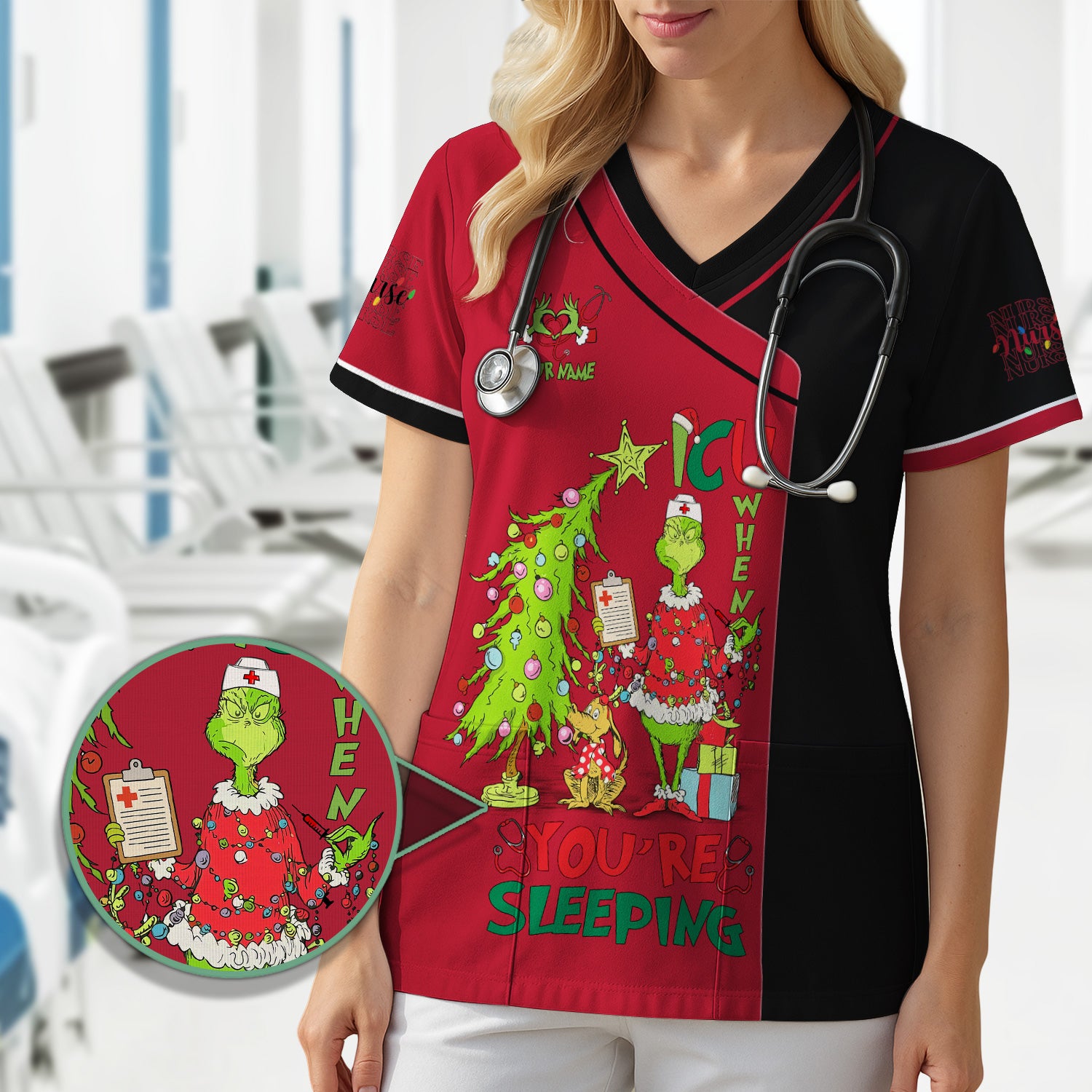 Custom Name Christmas Nurse Scrub - Grinch ICU When You’re Sleeping - LPN CNA RN Gift