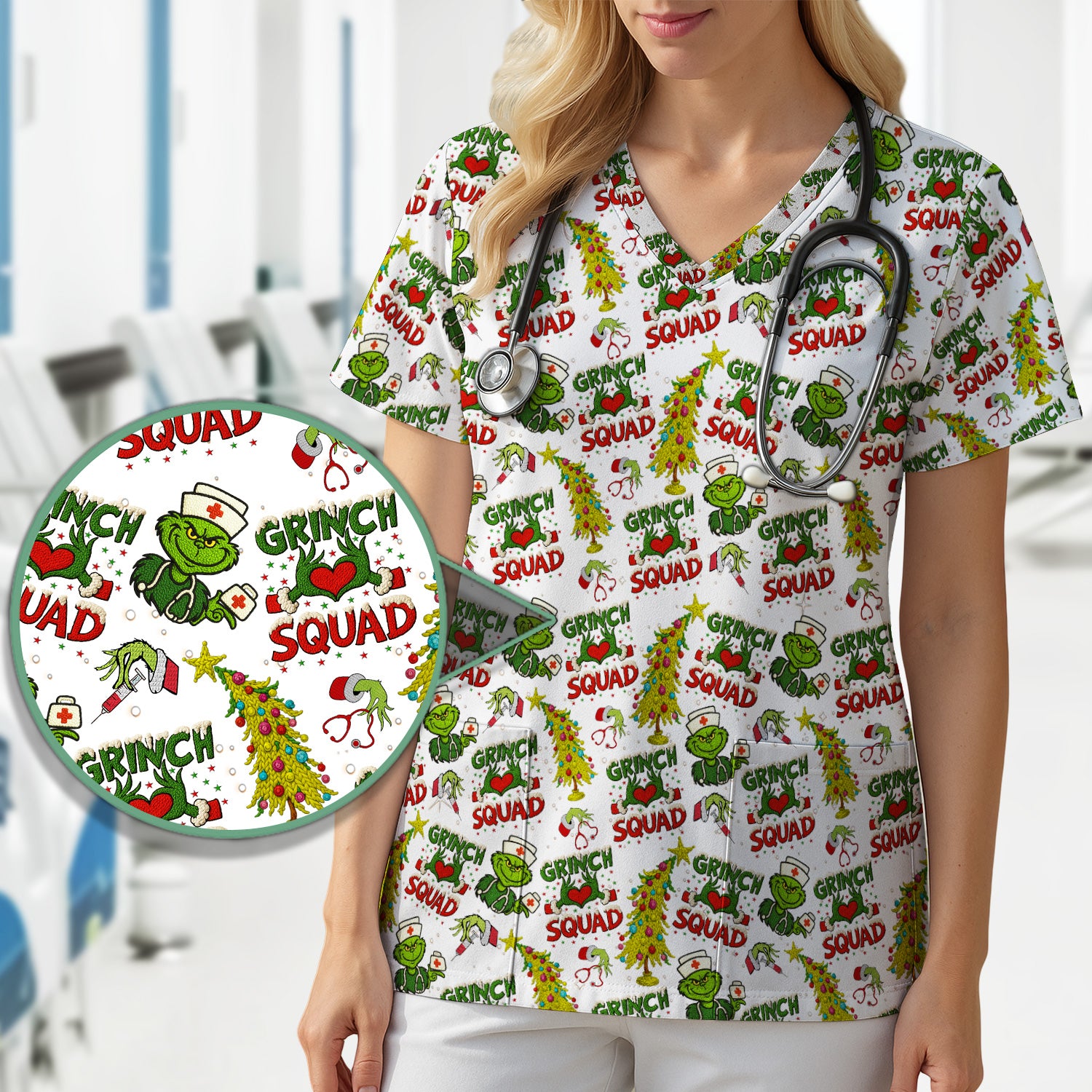Christmas Nurse Scrub Top for Women - Funny Grinch Squad Scrub Shirt Multi Color - Cute Holiday Nursing Work Shirt with Pockets