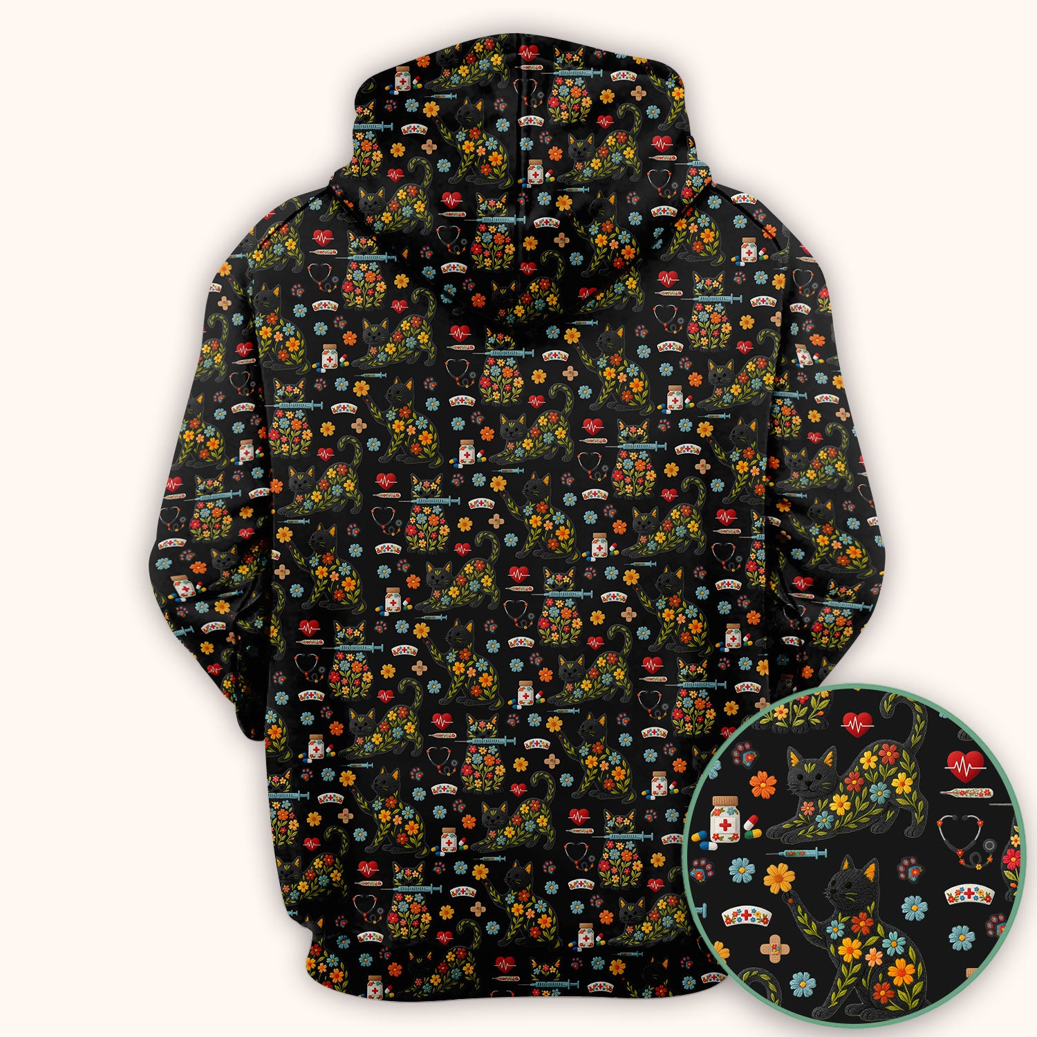 Floral Black Cat Pattern Scrub Top, Cute Cat Nurse Scrub Shirt, Medical Nursing Uniform