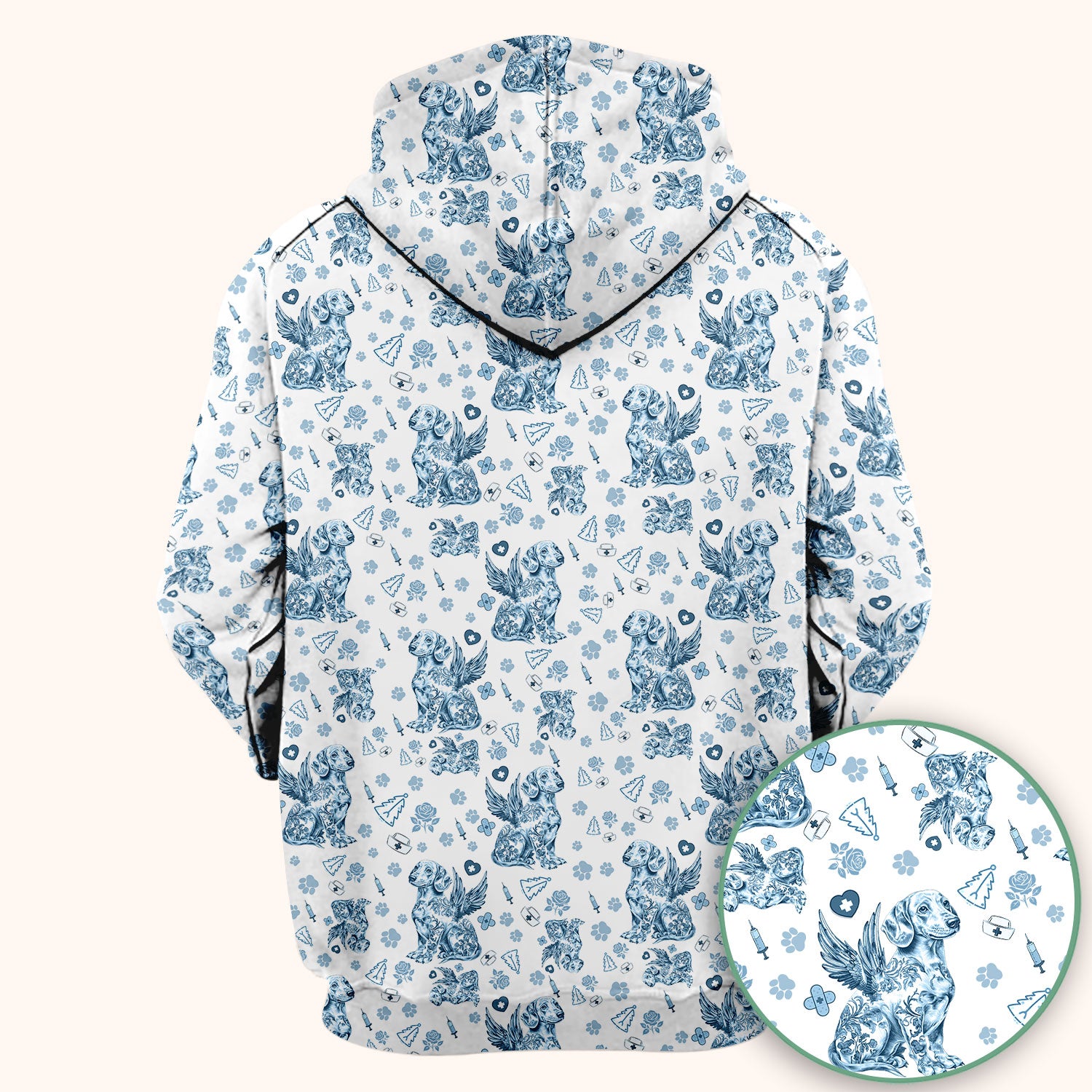Toile de Jouy Dachshund Angel Scrub Top - Blue Vintage Dog Nurse Shirt - Memorial Christmas Gift