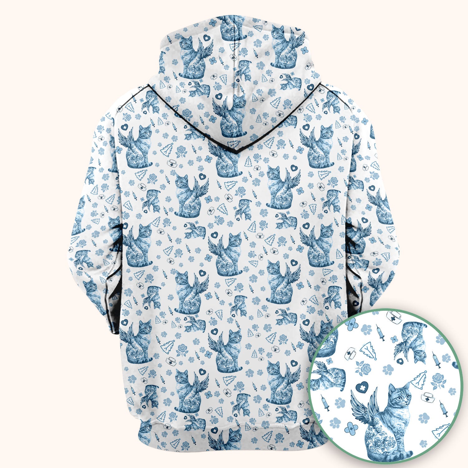 Toile de Jouy Cat Angel Scrub Top - Blue Vintage Nurse Shirt - French Style Medical Uniform for Women RN LPN CNA Gift