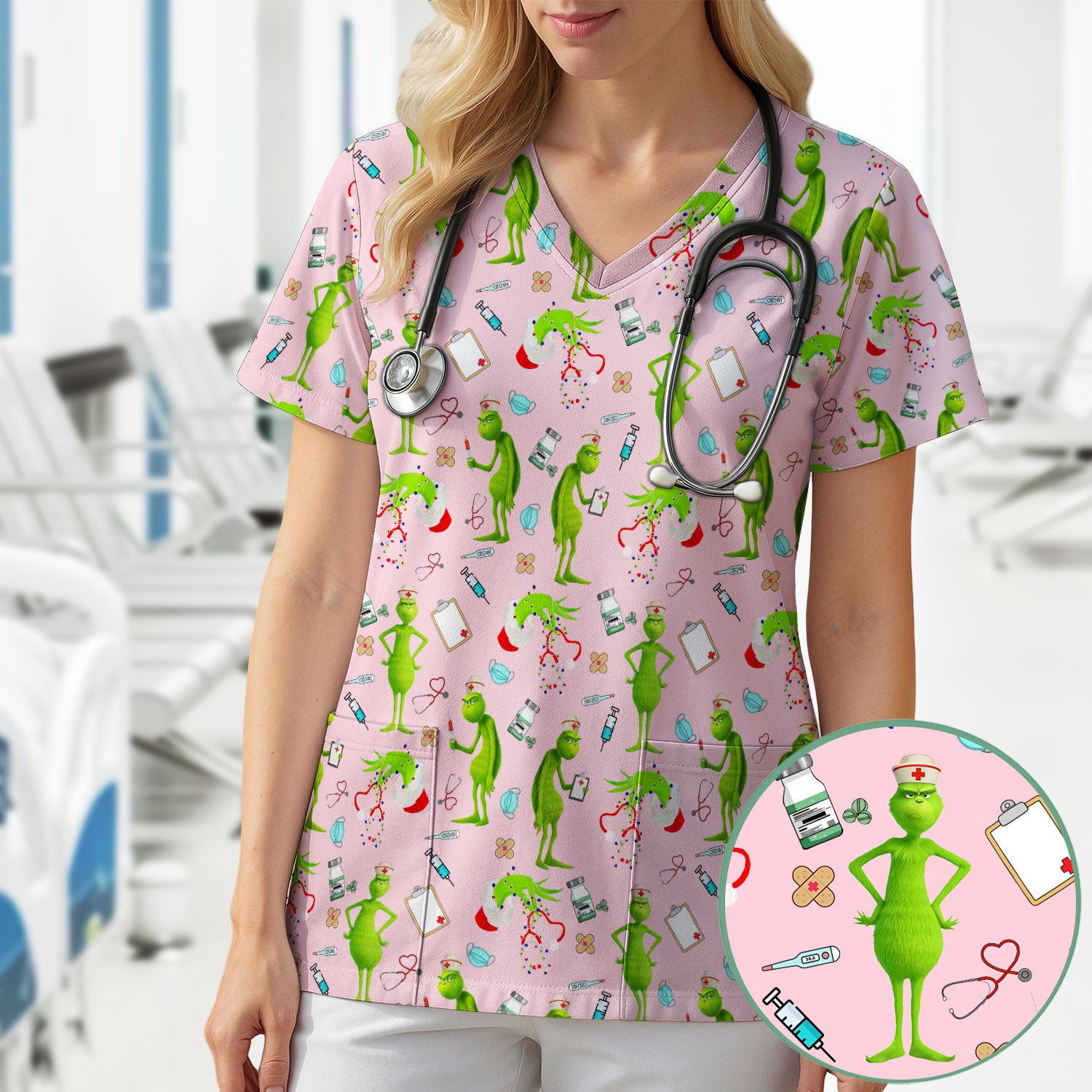 Custom Grinch Nurse Scrub Top - Funny Christmas Scrub Shirt Multi Color - Cute Holiday Nursing Workwear with Pockets