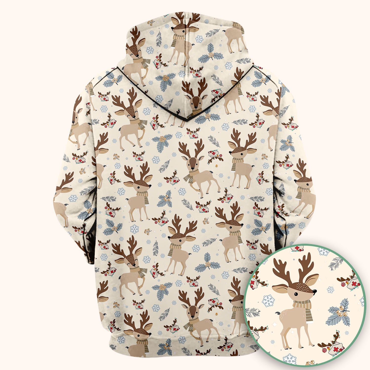 Reindeer Christmas Scrub Top - Cozy Beige Holiday Nurse Shirt with Cute Deer Pattern - Festive Medical Scrubs for Women RN CNA LPN