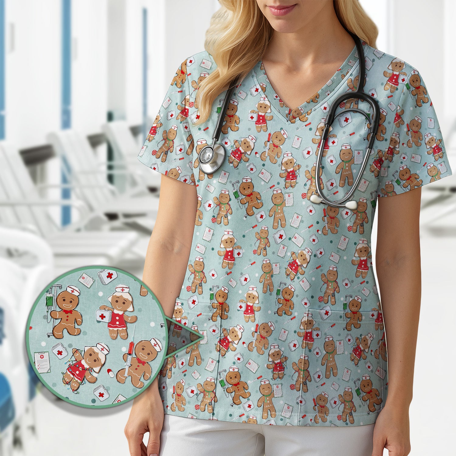 Cute Nurse Christmas Scrub Top - Funny Gingerbread Man & Medical Design - Gift for Women RN LPN & Pediatric Nurses