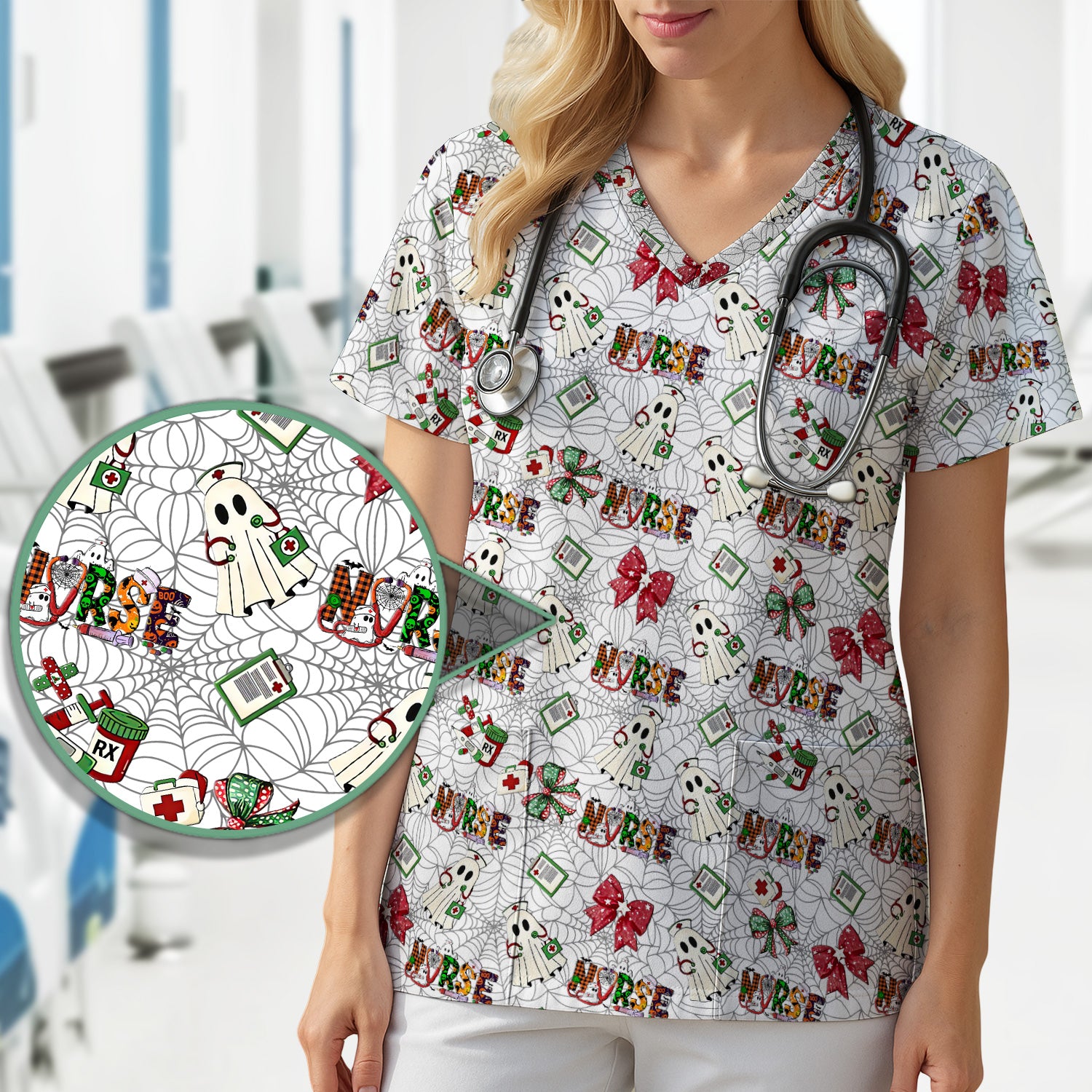 Halloween Nurse Scrub Top for Women - Cute Ghost and Spider Web Scrub Shirt Multi Color - Funny Nursing Work Shirt with Pockets
