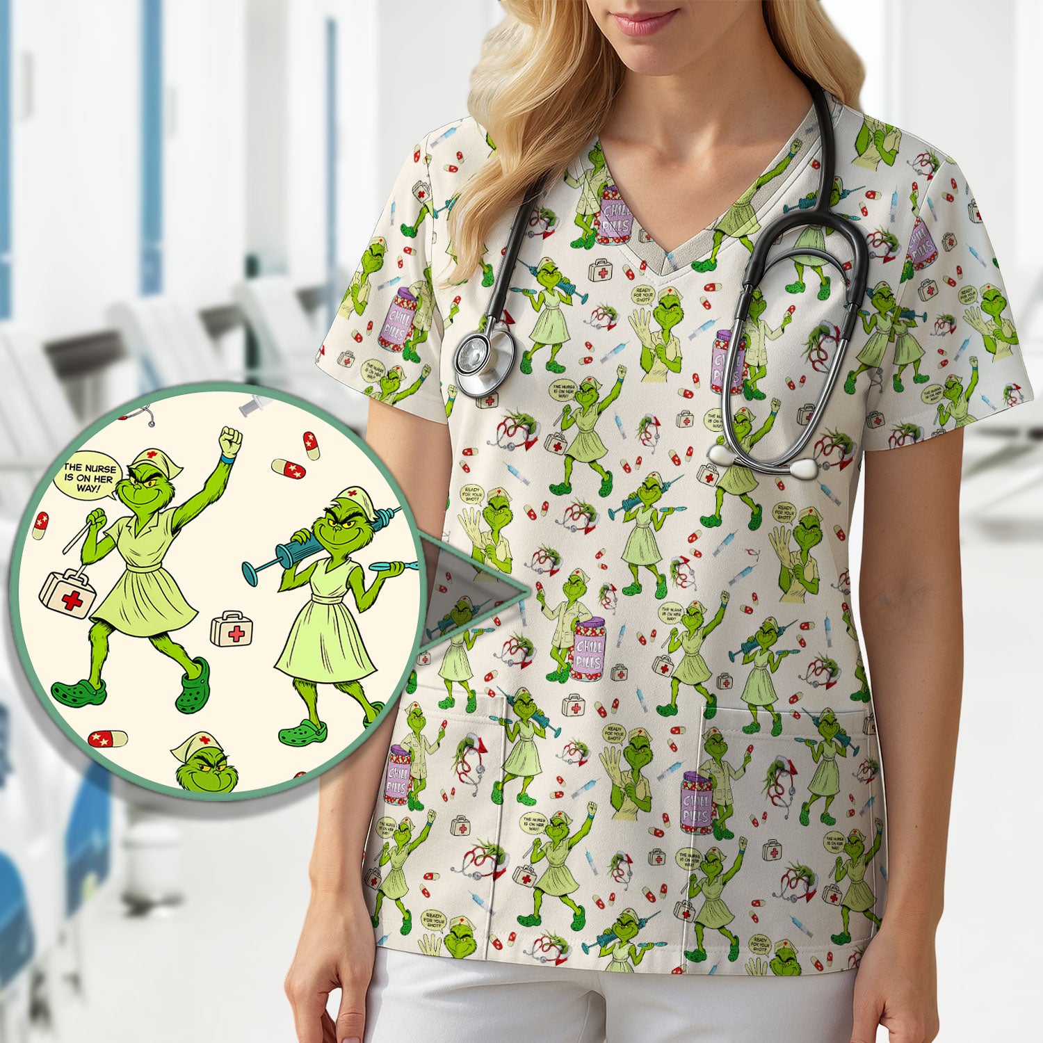 Funny Grinch Nurse Scrub Top Multi Color - Chill Pills Nursing Scrub Shirt - Cute Christmas Holiday Workwear with Pockets