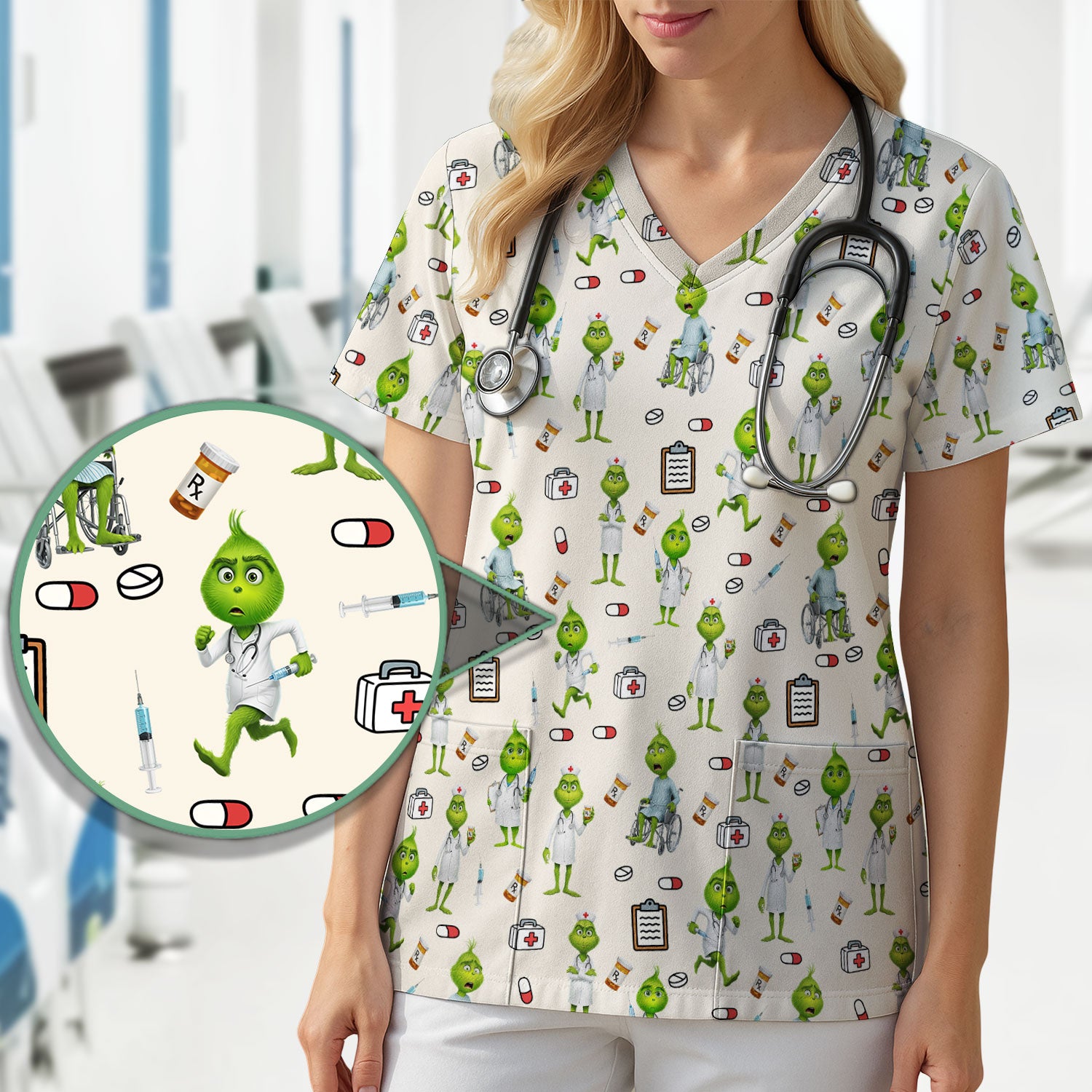 Funny Grinch Scrub Top - Christmas Medical Uniform for Women - Funny Holiday Nursing Gift for RN LPN CNA