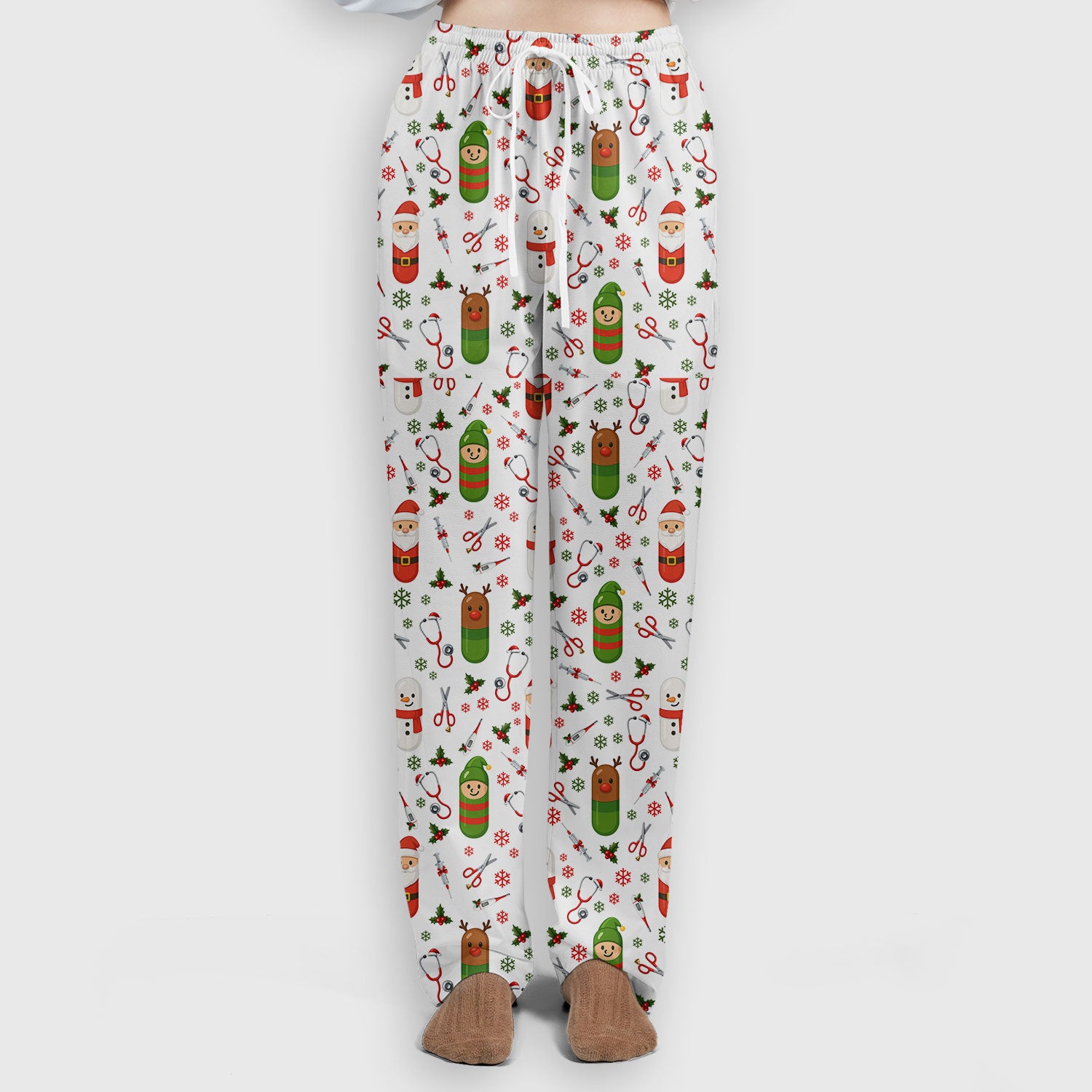 Santa Christmas Scrubs Set - Cute Holiday Pattern with Reindeer and Snowman - Fun Medical Scrub Top and Pants for Women Nurses