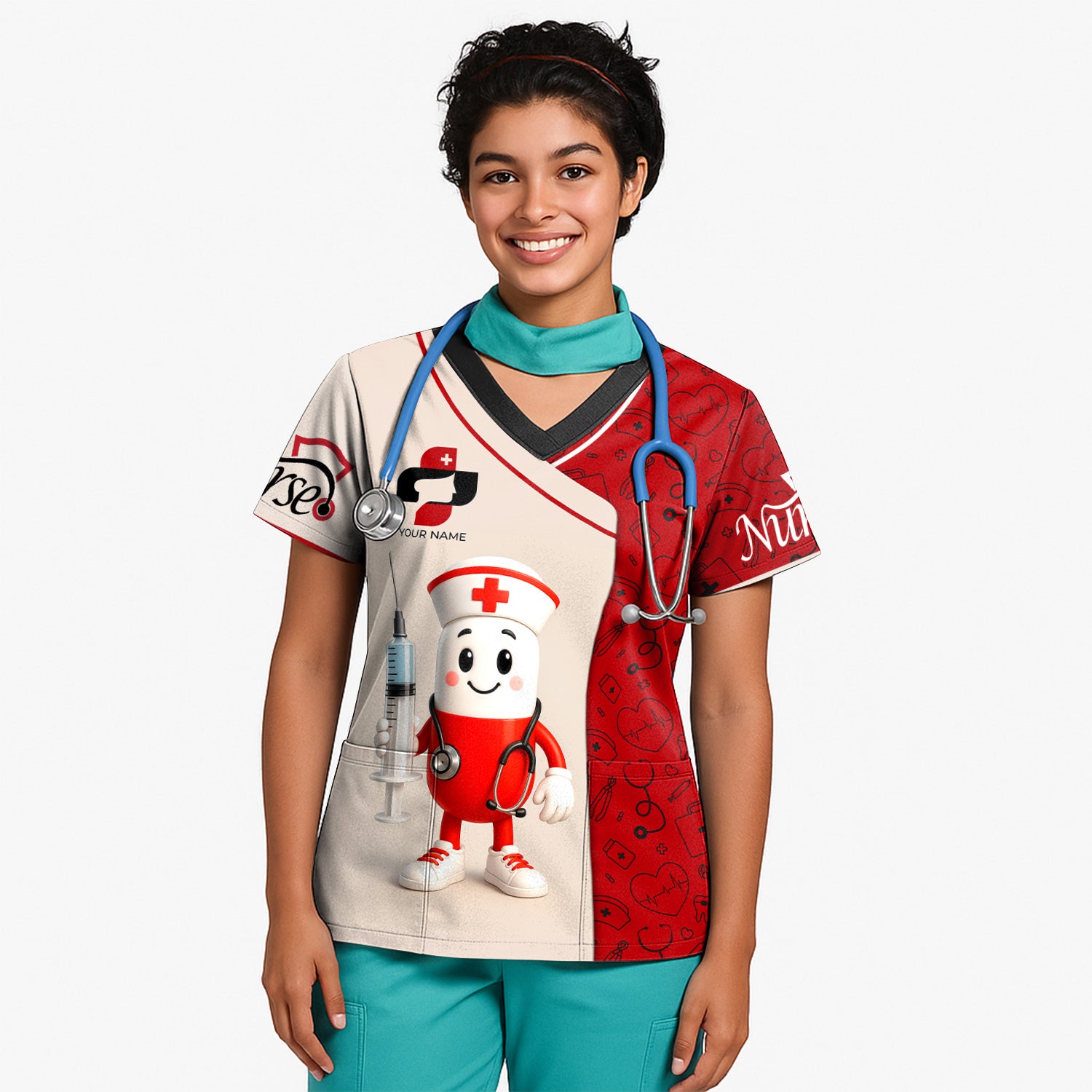 Funny Personalized Nurse Shirt - Pill Cartoon with Syringe - Custom Gift for RN CNA LPN or Nursing Student