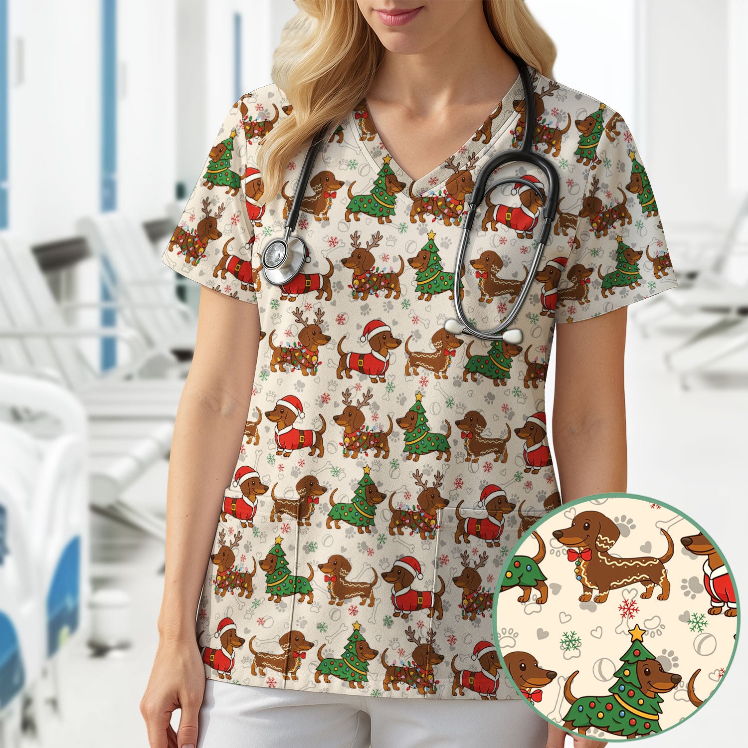 Christmas Dachshund Scrub Top - Funny Sausage Dog Wiener Holiday Nurse Shirt - Xmas Medical Uniform Gift for RN CNA LPN