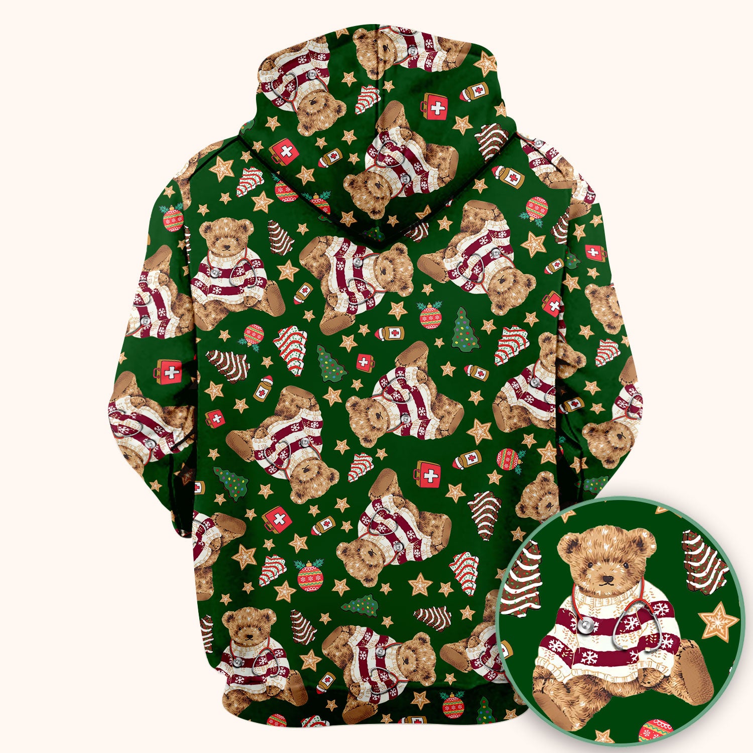 Teddy Bear Christmas Scrub Top - Cute Holiday Medical Pattern with Warm Sweater Bear - Gift for Nurses RN CNA LPN