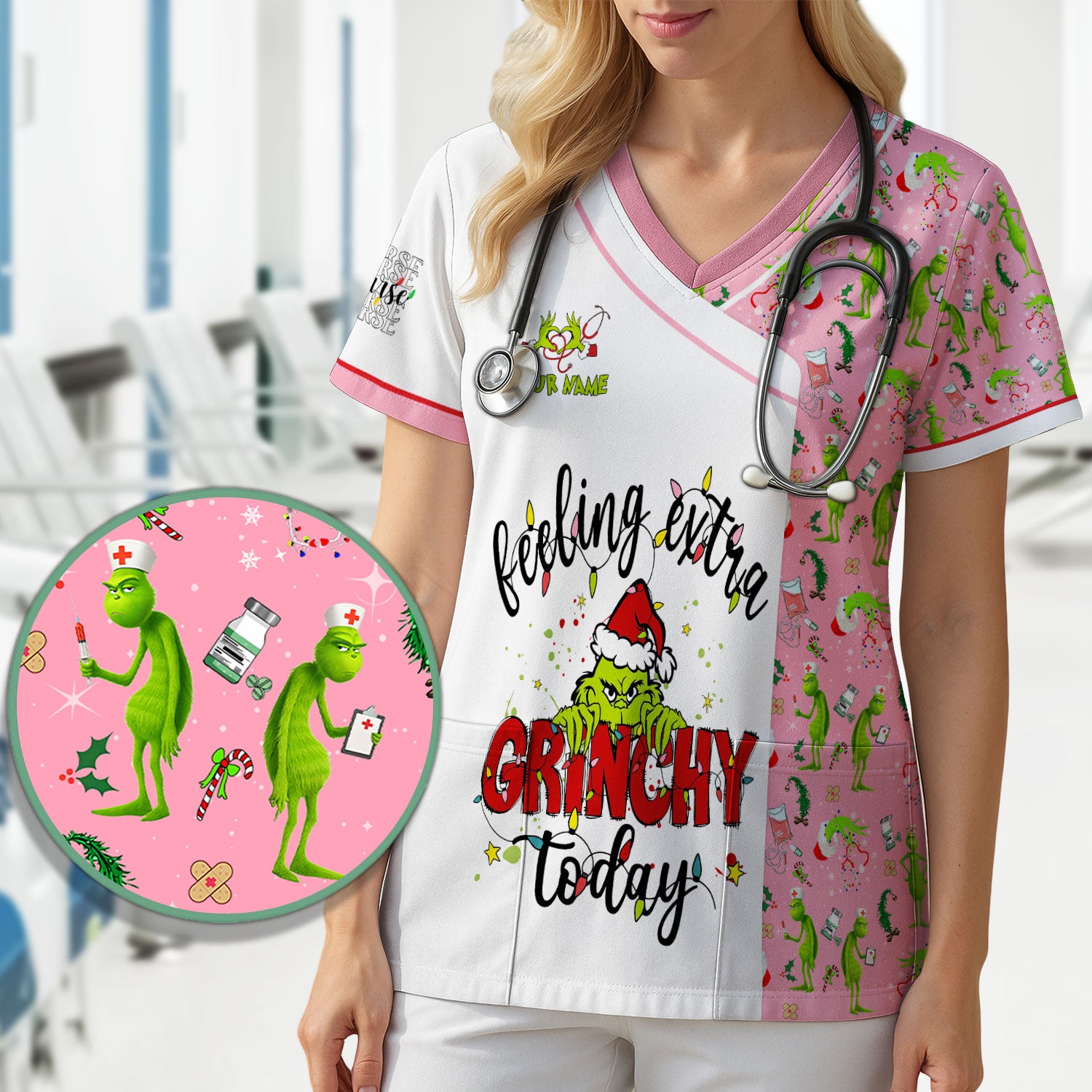 Personalized Grinch Nurse Scrub Top - Funny Christmas Scrub Shirt Multi Color - Feeling Extra Grinchy Today Holiday Nursing Gift