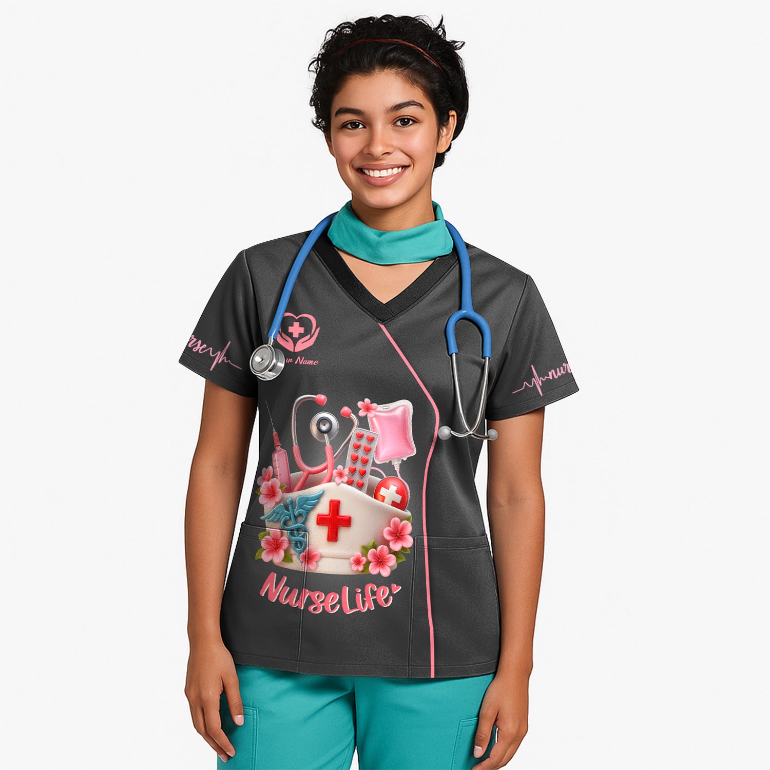 Personalized Nurse Life Shirt - Cute Pink Scrub Top Design with Medical Tools - Gift for RN LPN CNA Women