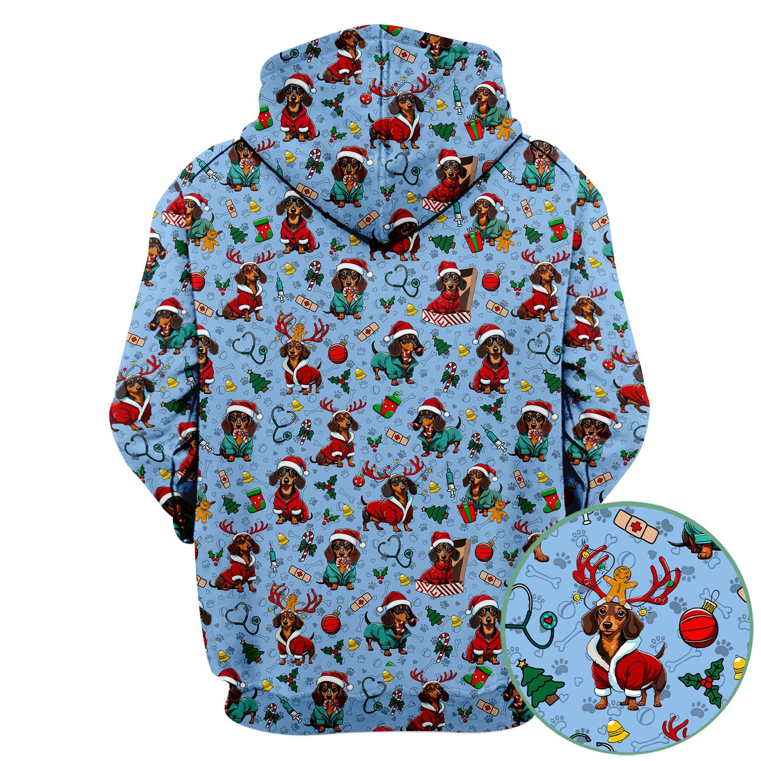Christmas Dachshund Scrubs for Nurses - Cute Sausage Dog Holiday Scrub Top - Funny Reindeer & Santa Medical Shirt for Women