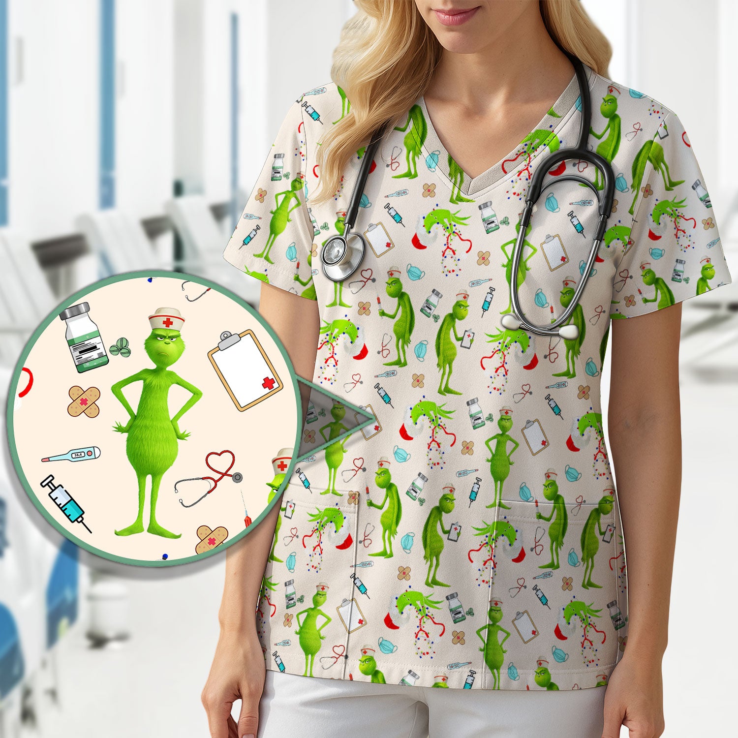 Funny Grinch Nurse Scrub Top Multi Color - Christmas Scrub Shirt for Women - Cute Holiday Nursing Work Shirt with Pockets