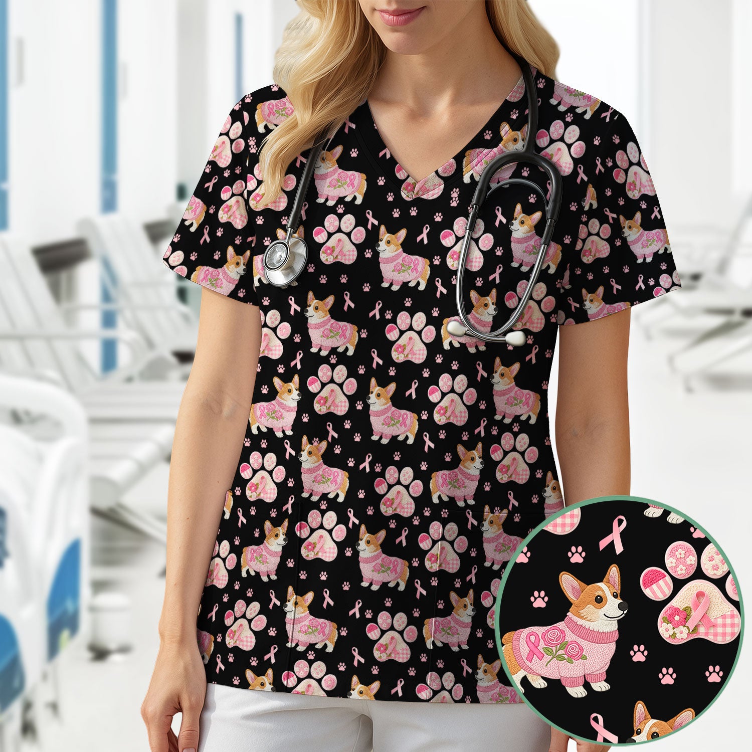 Corgi Pink Ribbon Scrub for Women - Breast Cancer Awareness Shirt - Floral Dog Paw Print Nursing Uniform - Support Gift