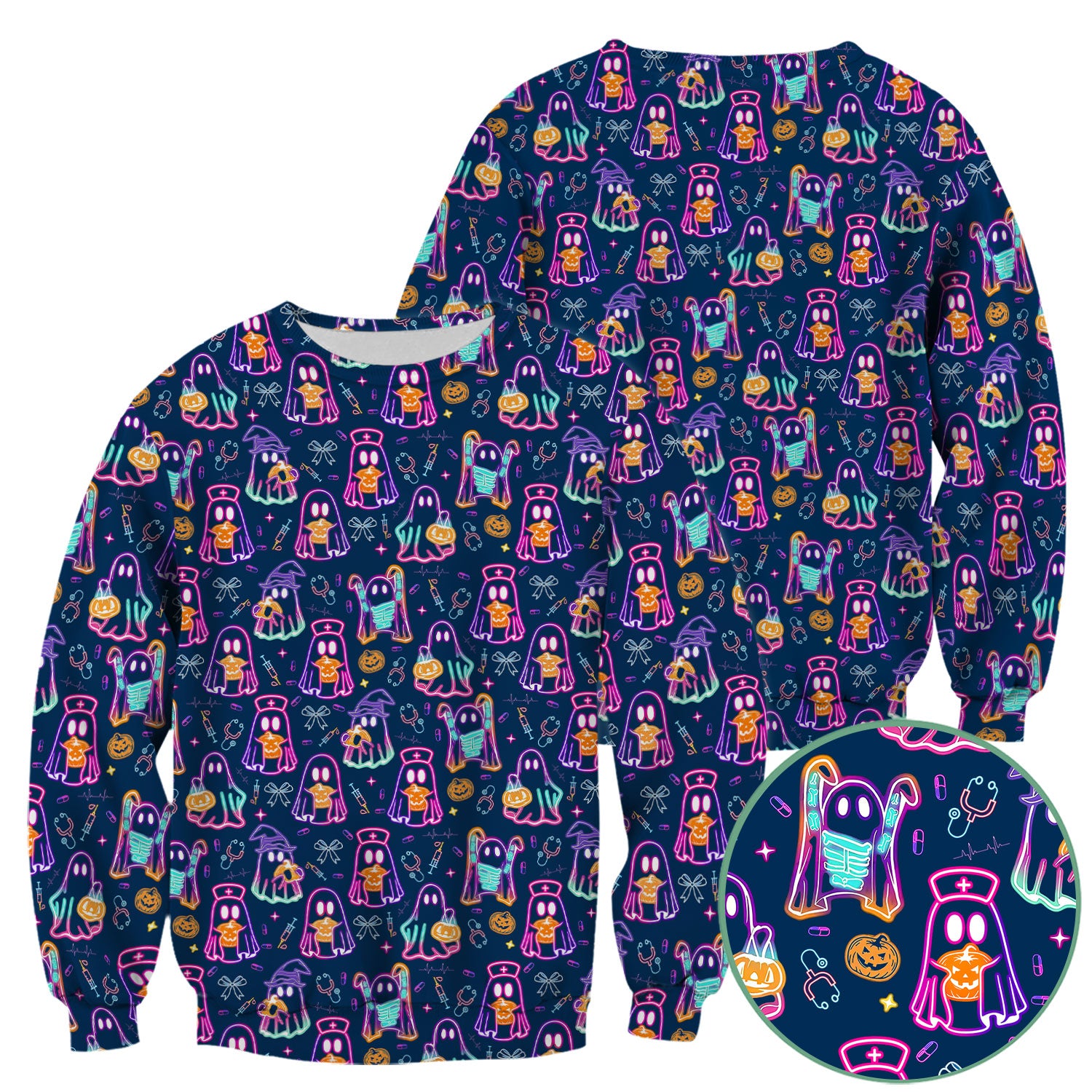 Spooky Neon Ghost Nurse Scrub Top - Halloween Pumpkin Nursing Shirt for Women - Cute Medical Uniform RN CNA LPN Gift