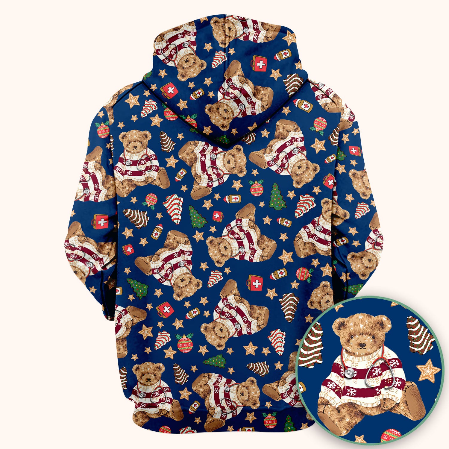 Teddy Bear Christmas Scrub Top - Cute Holiday Medical Pattern with Warm Sweater Bear - Gift for Nurses RN CNA LPN