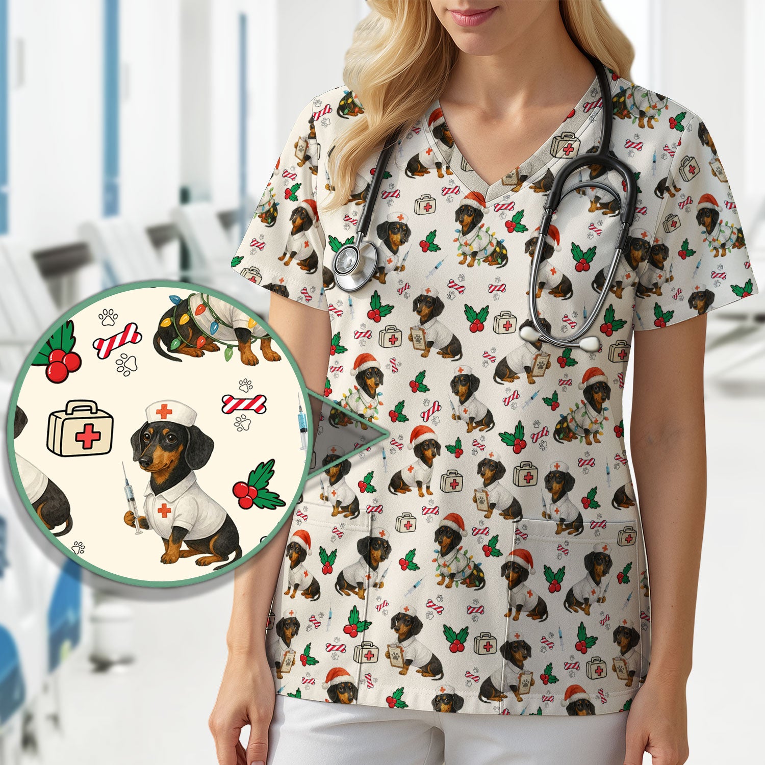 Christmas Dachshund Nurse Scrub Top - Funny Dachshund Dog Scrub Shirt Multi Color - Cute Holiday Nursing Work Shirt for Women