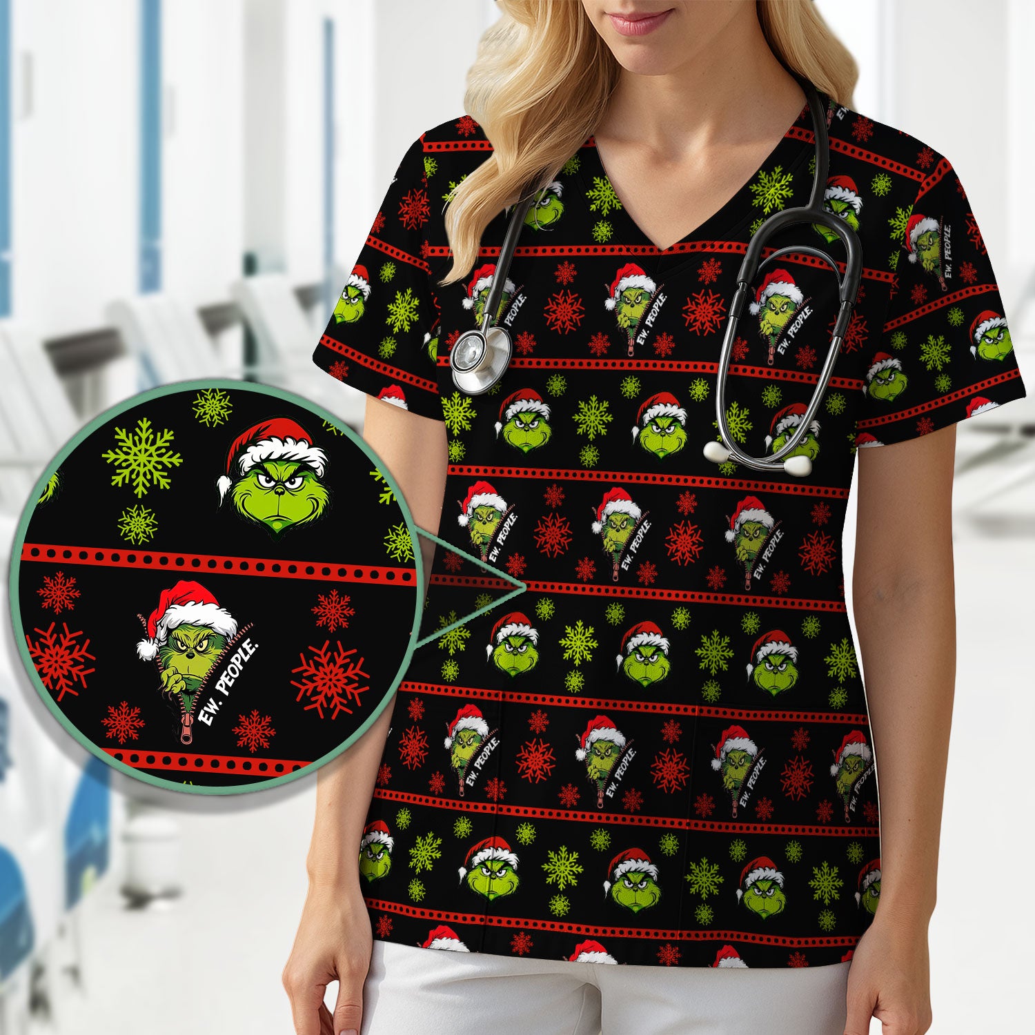 Ew, People Funny Grinch Christmas Scrub Top - Holiday Nurse Shirt - Merry Grinchmas Gift for RN CNA LPN LVN EN