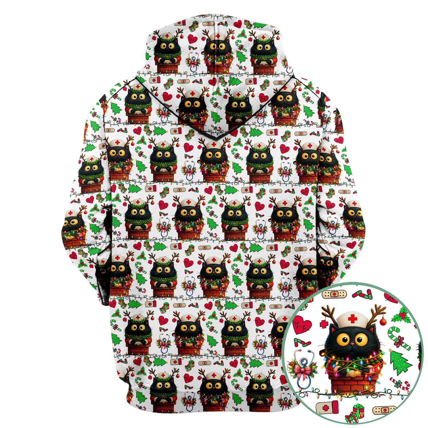 Christmas Black Cat Scrub Top for Nurse - Cute Reindeer Cat with Xmas Lights - Festive Holiday Medical Uniform for Women