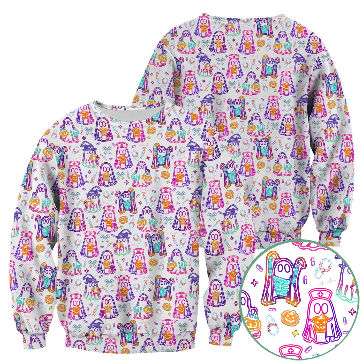 Halloween Nurse Scrub Top for Women - Cute Neon Ghost Medical Uniform - Funny Spooky Nursing Shirt RN CNA LPN Gift