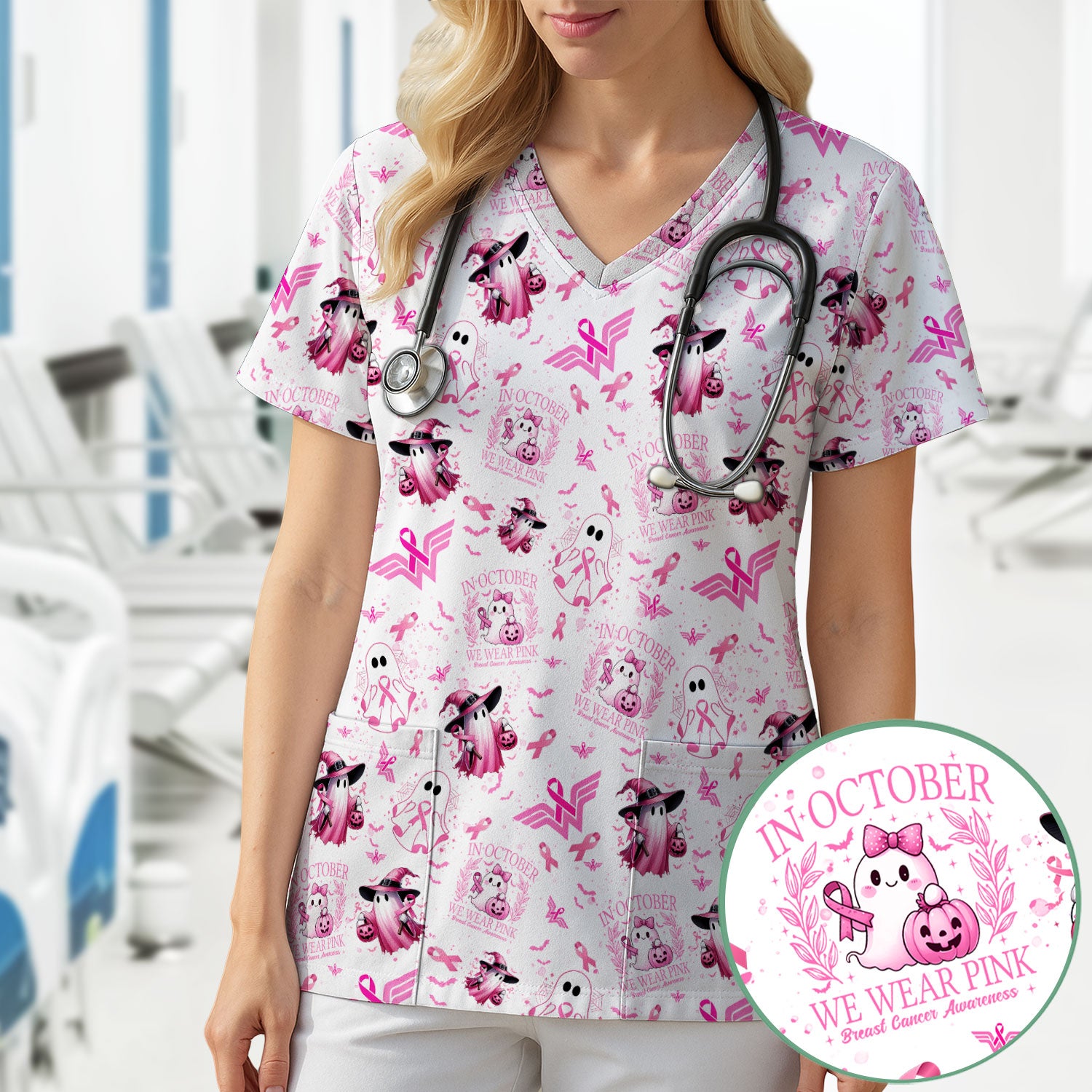 Pink Halloween Scrub Top for Nurses - In October We Wear Pink Breast Cancer Awareness Shirt - Cute Ghost Witch Gift for RN CNA LPN
