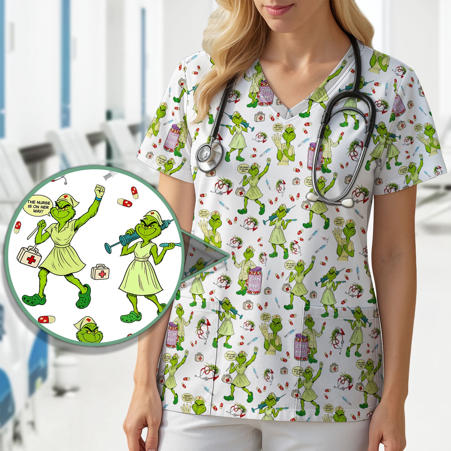 Grinch Nurse Scrub Shirt Multi Colors - Funny Chill Pills Scrub Top - Christmas Nursing Work Shirt with Pockets for Women