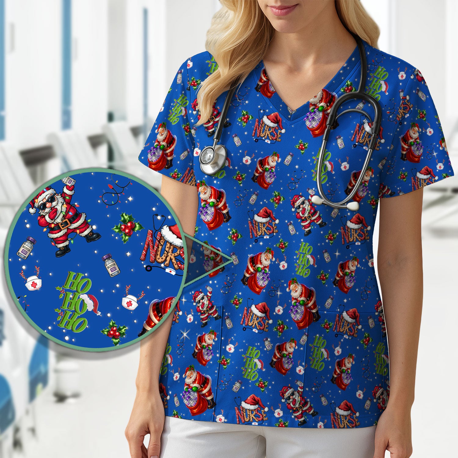 Santa Nurse Christmas Scrub Shirt - Funny Holiday Scrub Top Multi Colors - Cute Nursing Work Shirt with Pockets