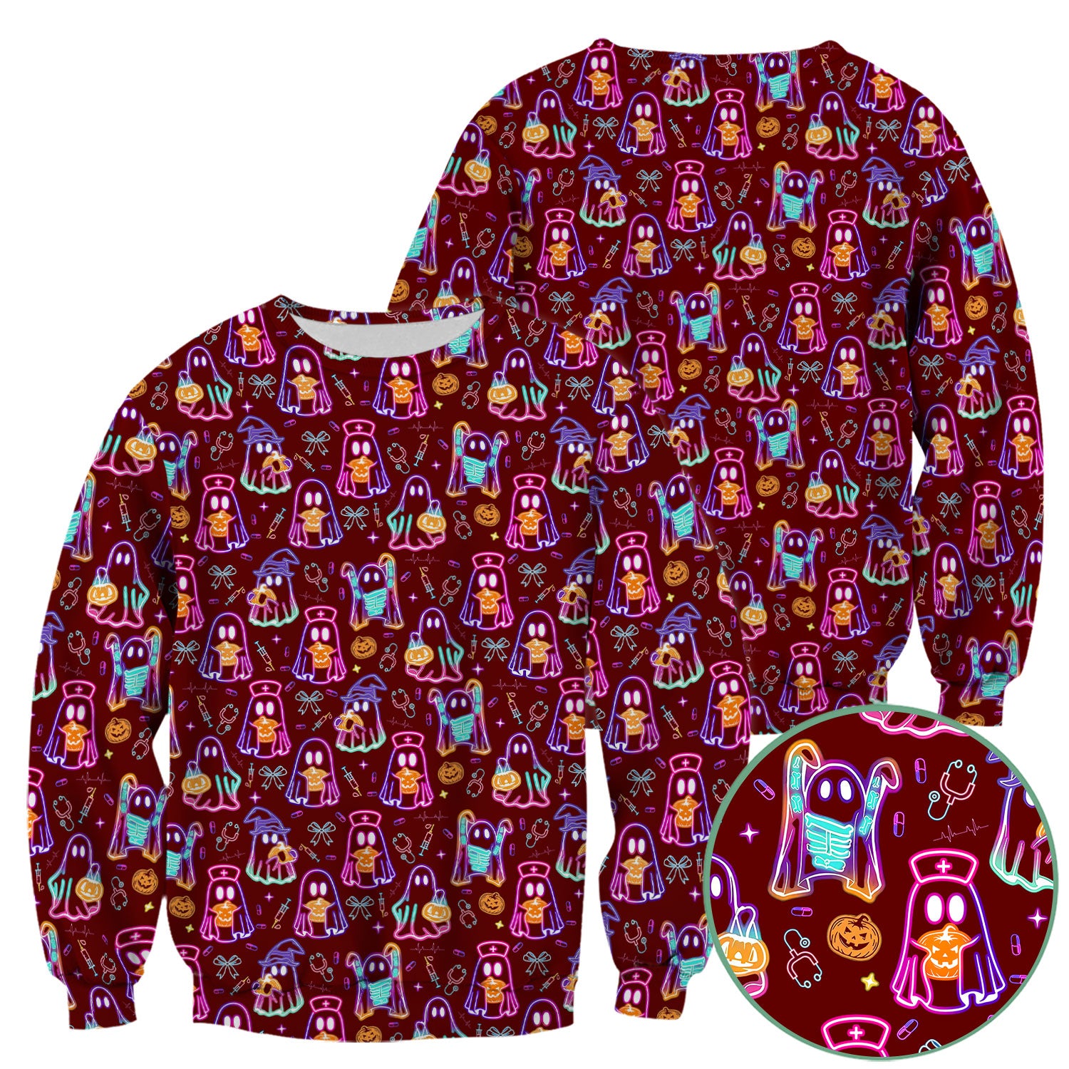 Spooky Neon Ghost Nurse Scrub Top - Halloween Pumpkin Nursing Shirt for Women - Cute Medical Uniform RN CNA LPN Gift