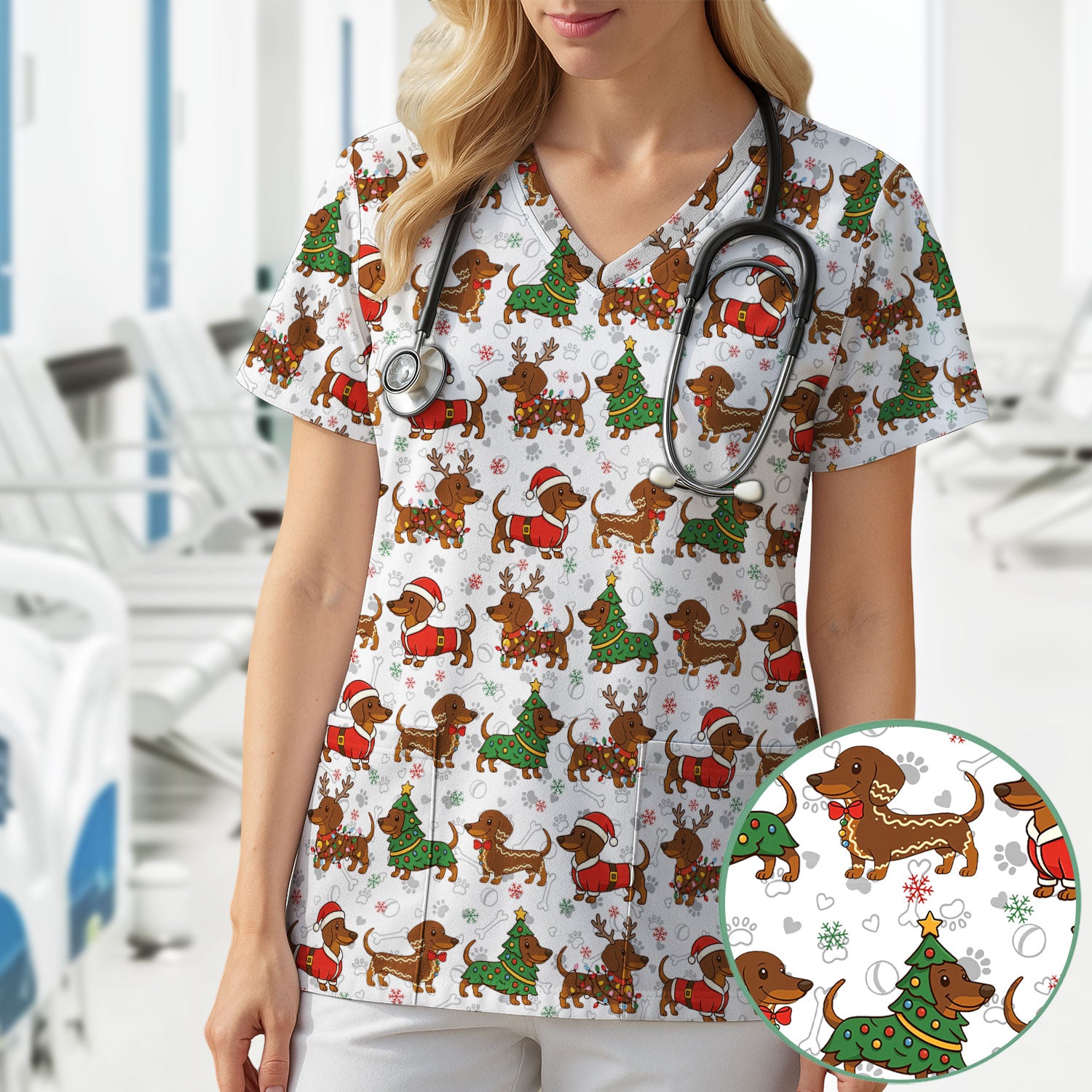 Holiday Dachshund Christmas Scrub Top - Funny Wiener Sausage Dog Nurse Shirt - Adorable Dog Lover Gift for RN CNA LPN