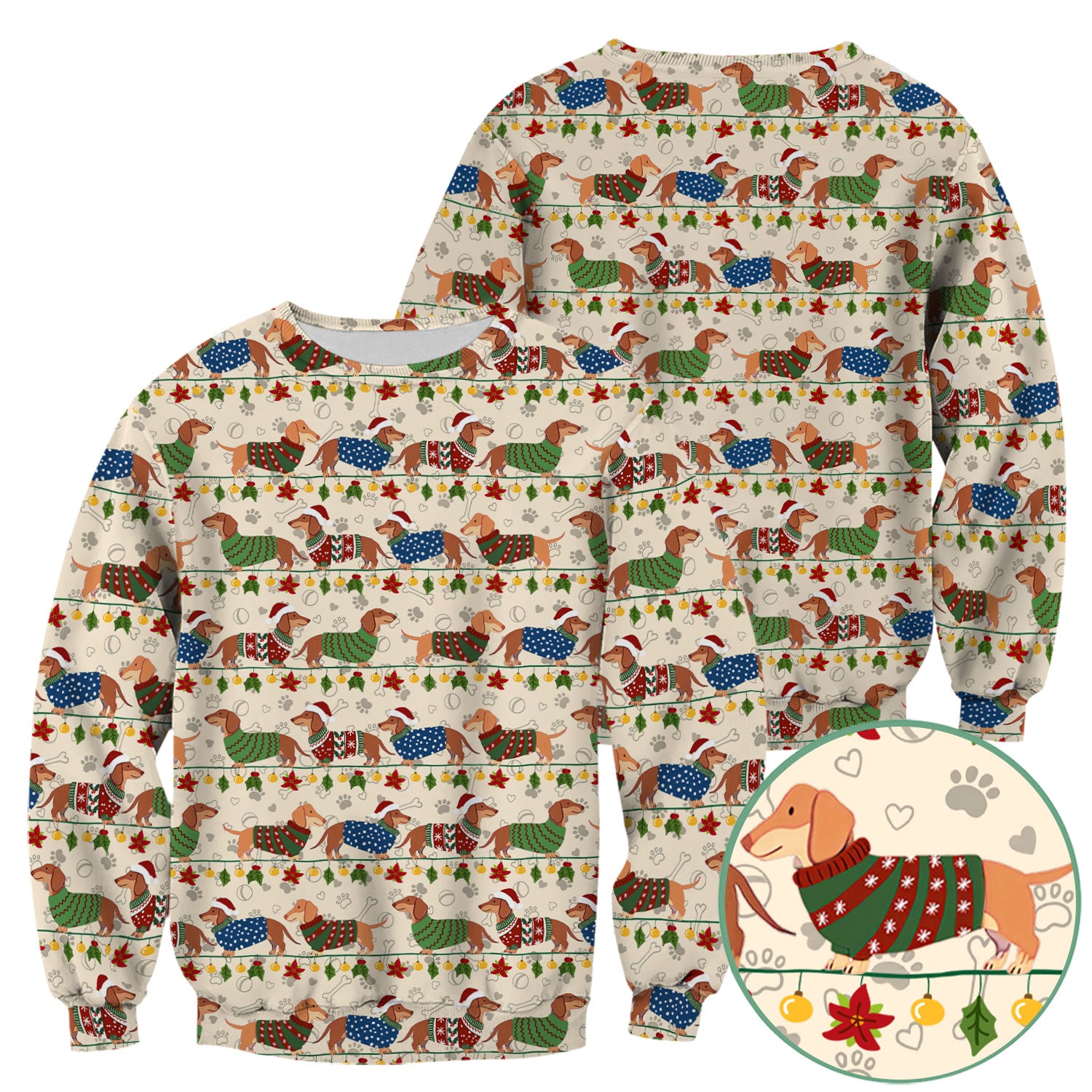 Christmas Dachshund Scrub Top - Cute Dog Print Scrubs for Women, Men Multi Color - Holiday Scrub Shirt Gift for Nurse, CNA, RN, Doctor