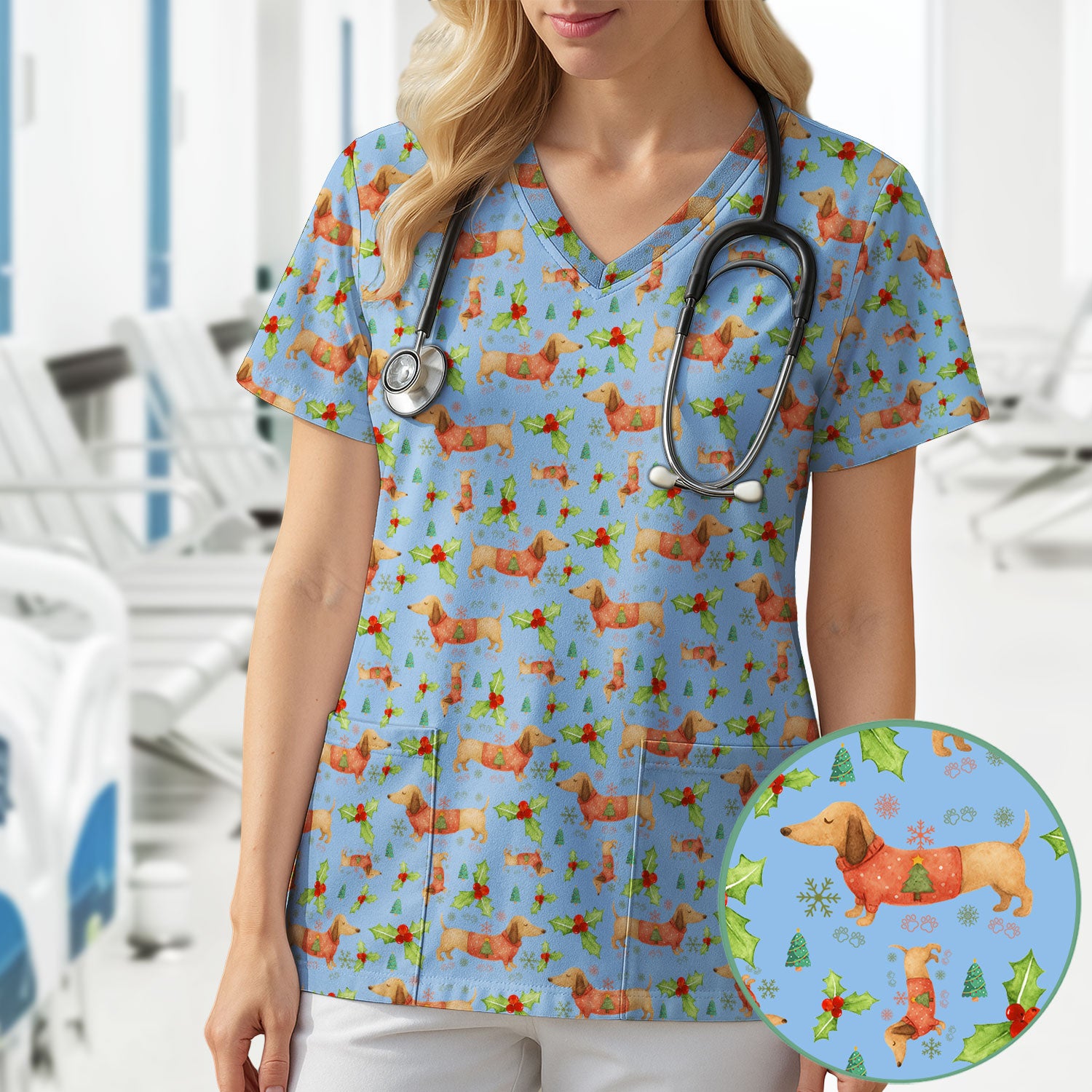 Cute Dachshund Christmas Scrub - Funny Sausage Dog Wiener Puppy Holiday Nurse Shirt - Xmas Medical Uniform Gift for RN CNA LPN