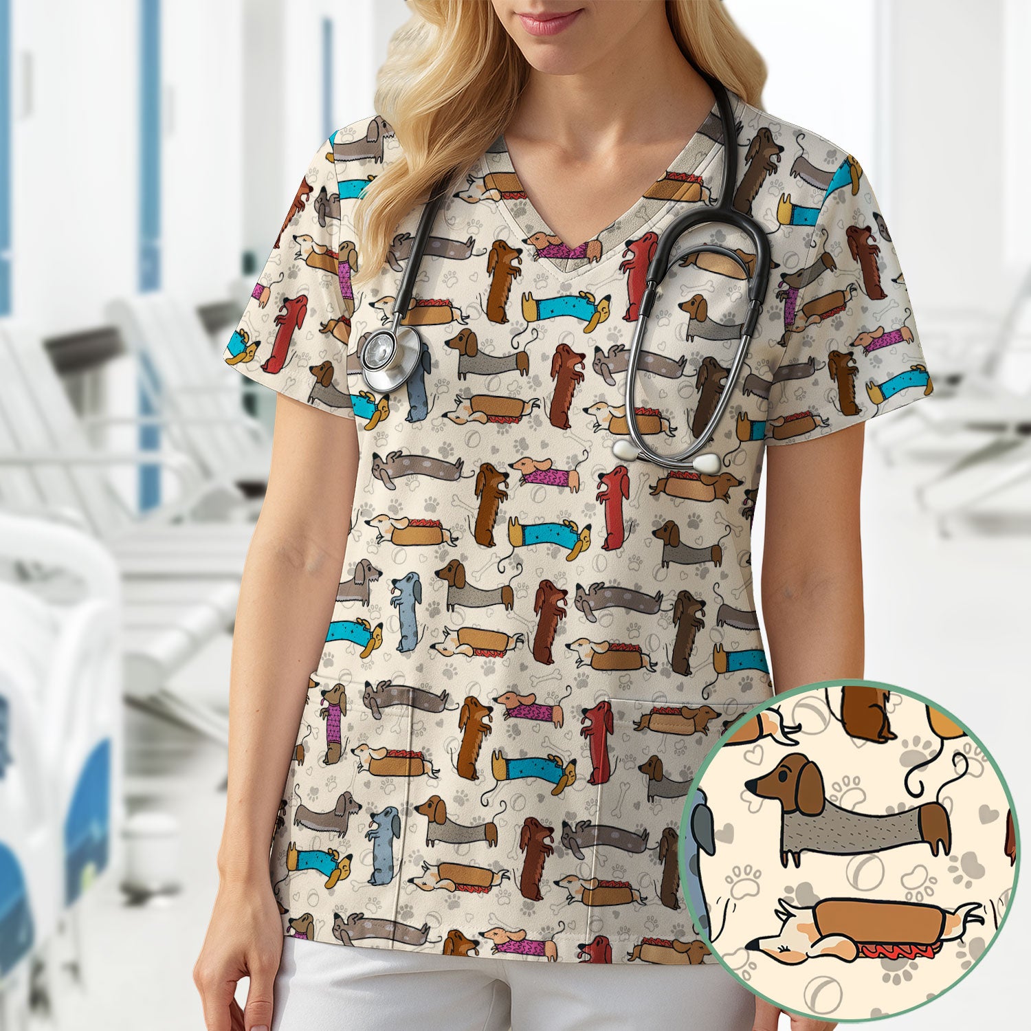 Cute Dachshund Scrub Top for Nurses - Colorful Wiener Dog Print Medical Uniform Shirt - Fun Sausage Dog Pattern Veterinary Workwear