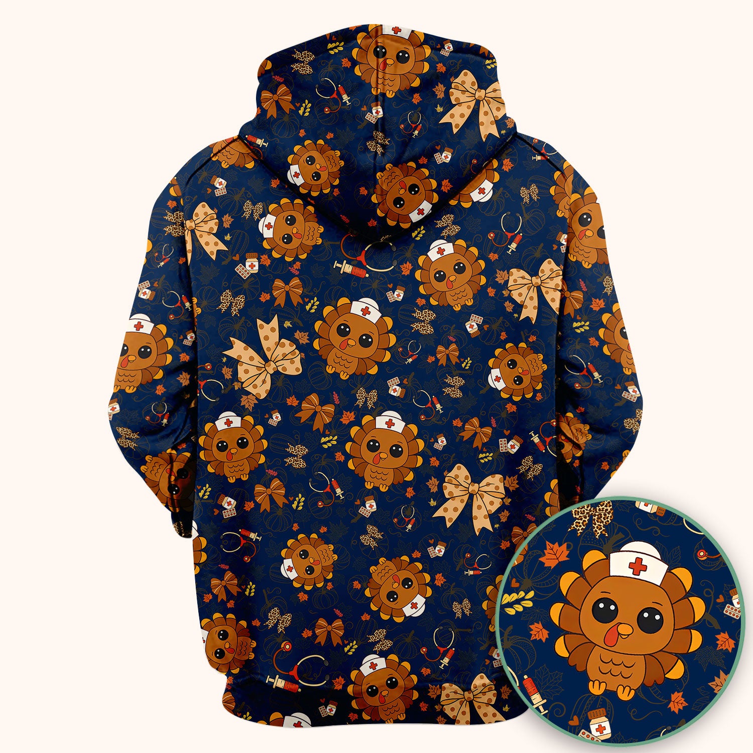 Thanksgiving Turkey Nurse Scrub Top for Women - Cute Fall Leaves and Bow Shirt - Autumn Medical Shirt Gift for RN CNA LPN Doctor