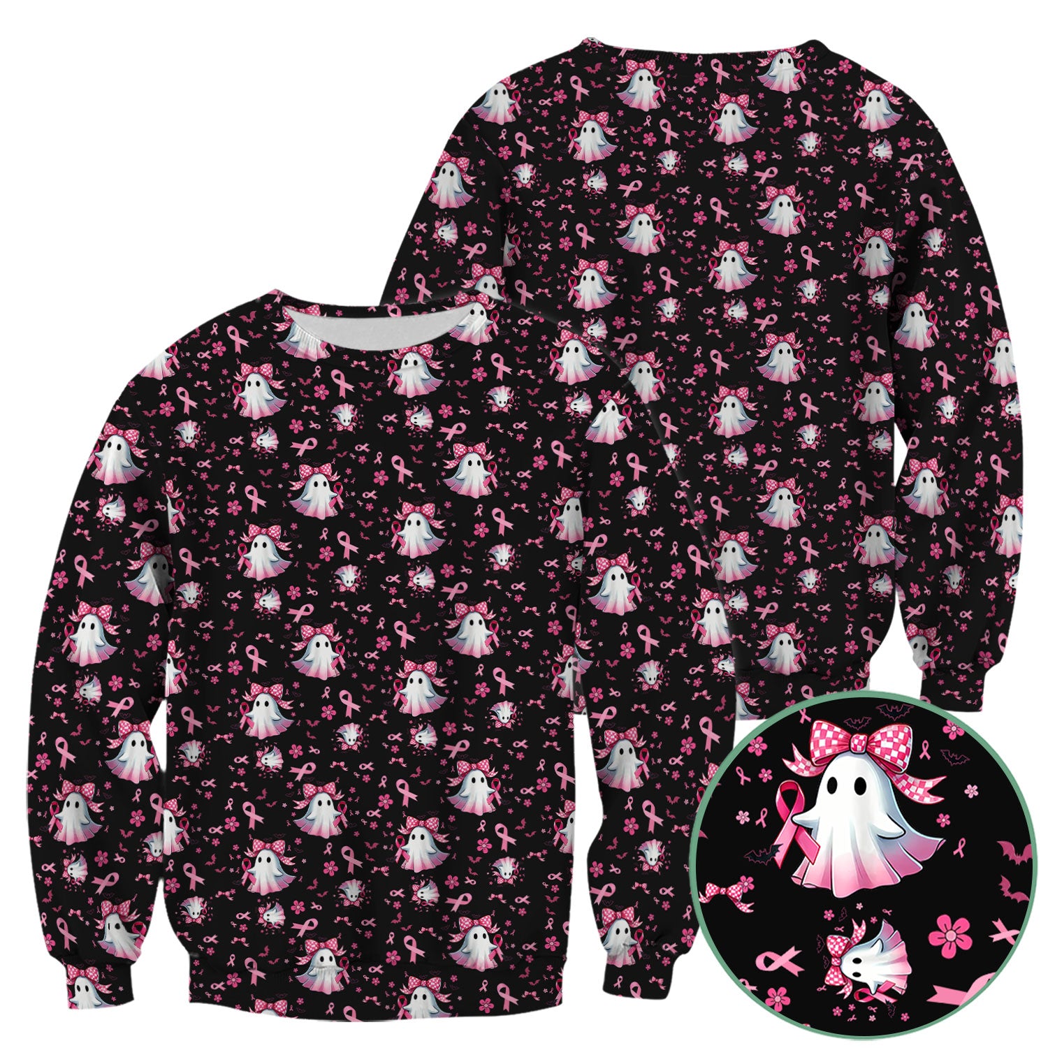 Halloween Ghost Scrub Top for Women - Breast Cancer Awareness Pink Ribbon Nurse Shirt - Cute Spooky Medical Uniform RN LPN CNA