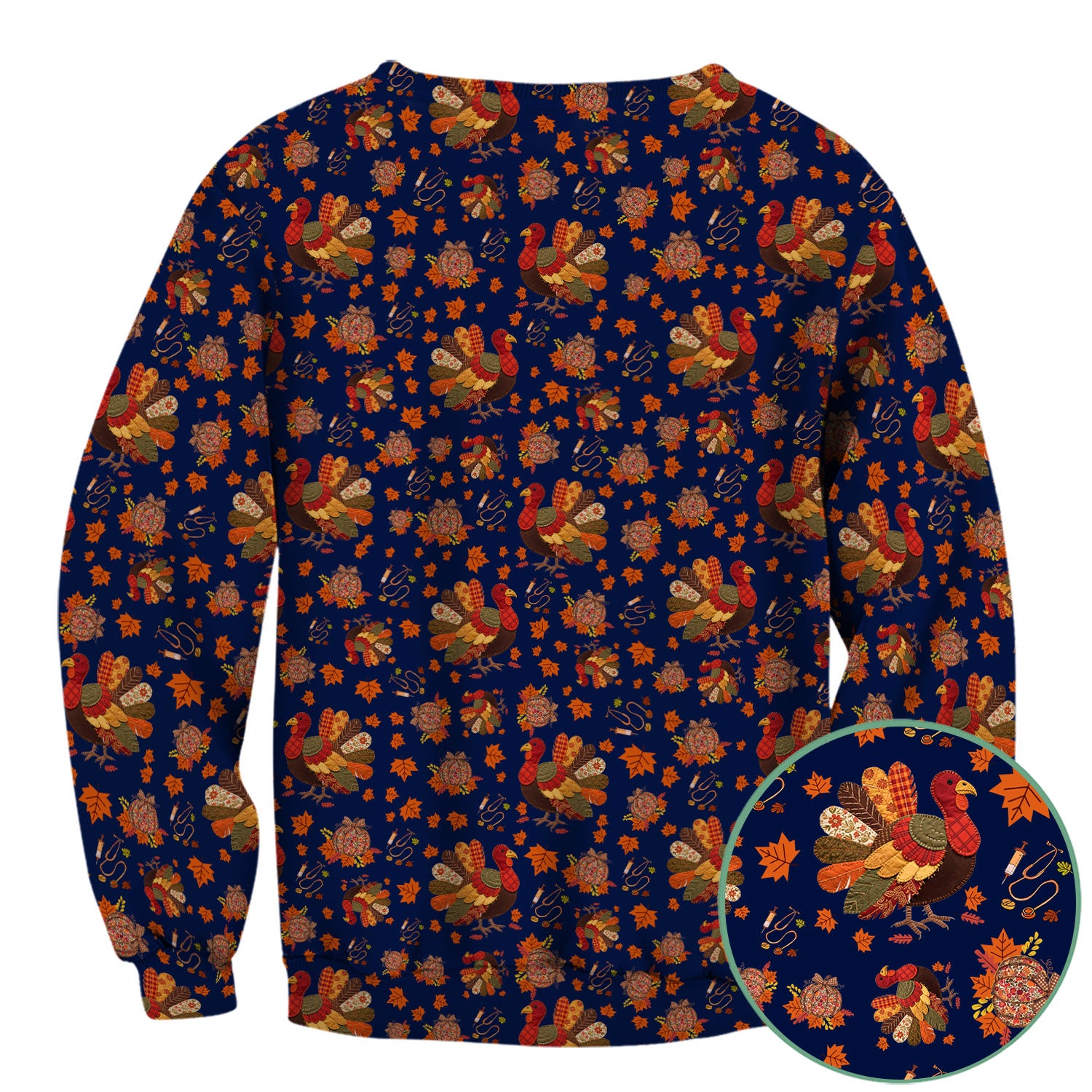 Thanksgiving Turkey Nurse Scrub Top for Women - Fall Leaves Pattern Shirts - Autumn Nursing Uniform Gift for RN LPN CNA