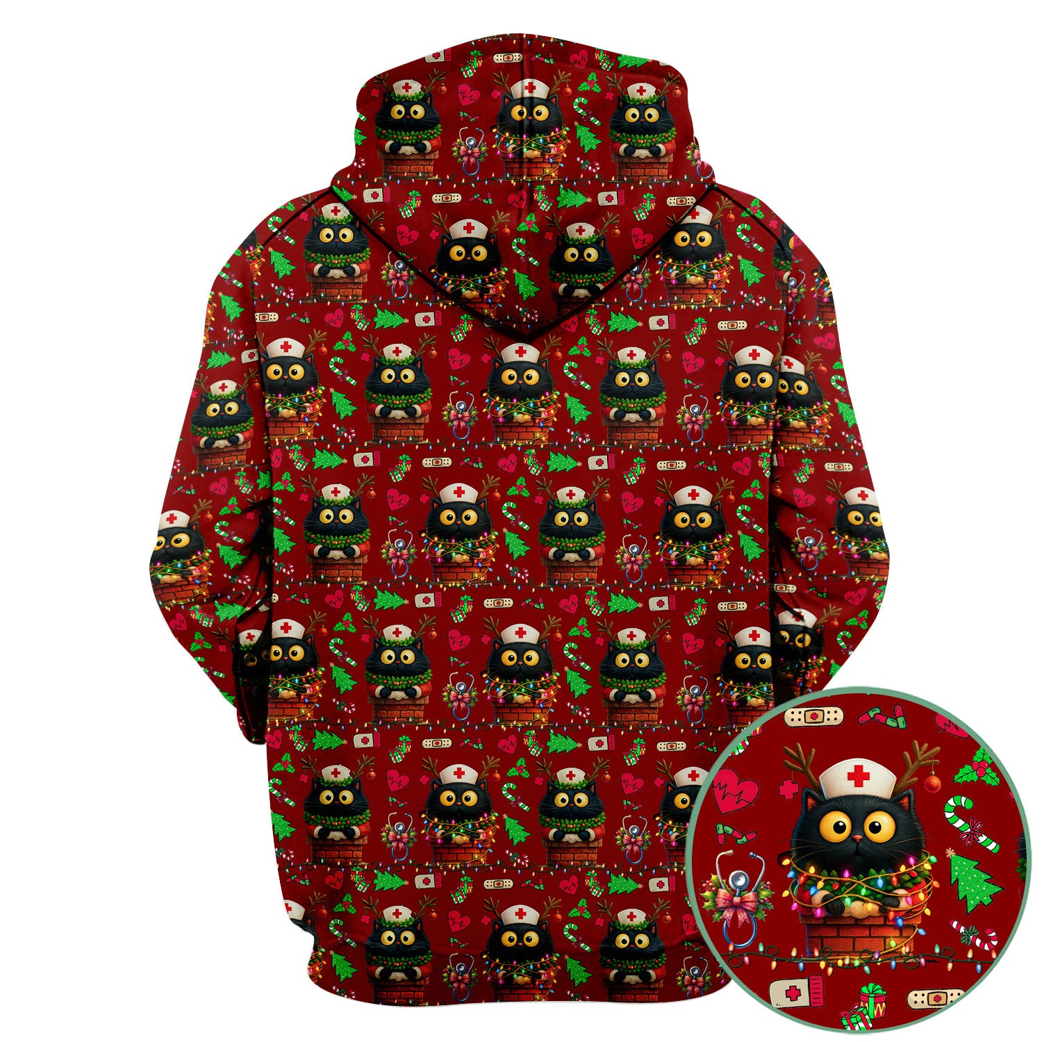 Christmas Black Cat Scrub Top for Nurse - Cute Reindeer Cat with Xmas Lights - Festive Holiday Medical Uniform for Women
