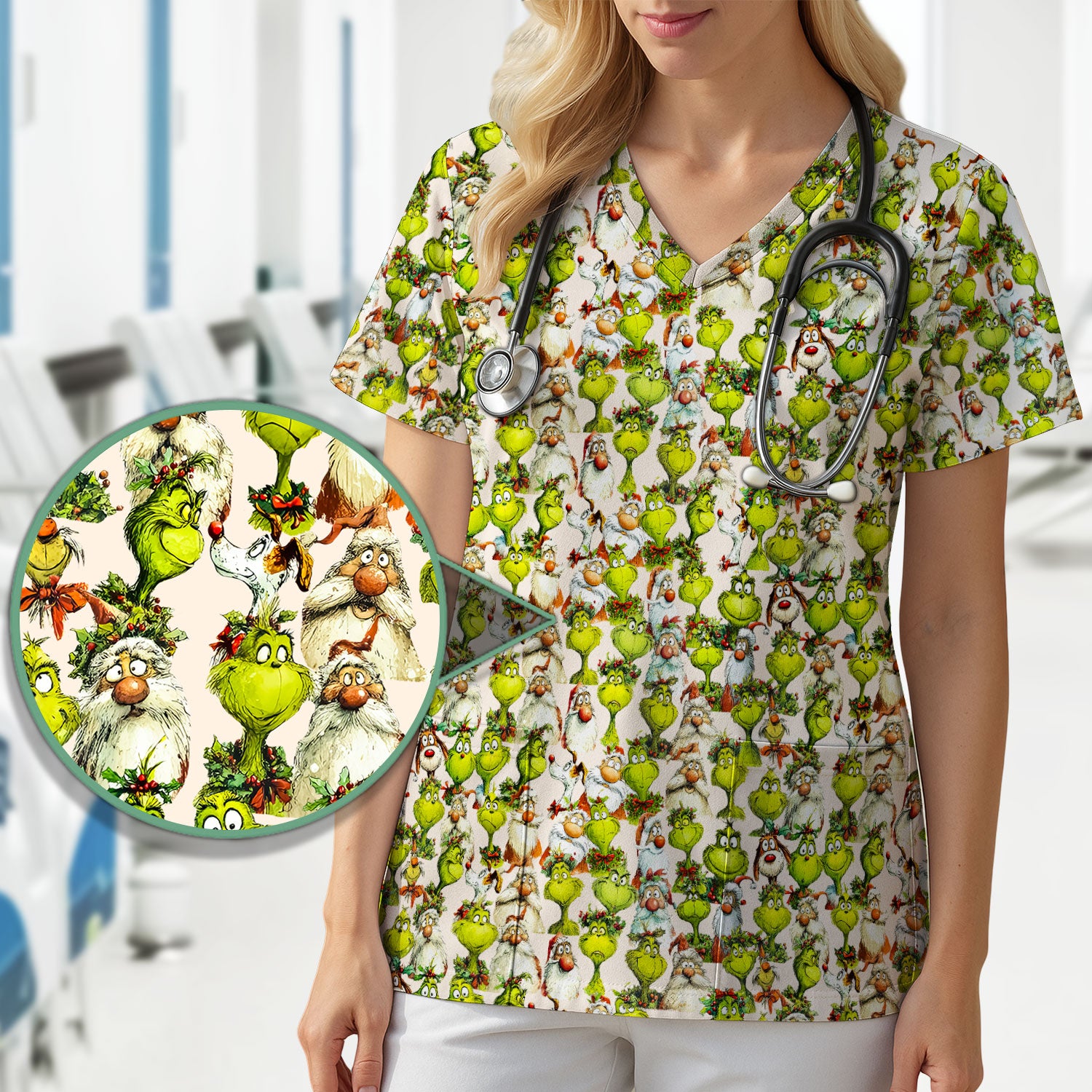 Funny Grinch Nurse Scrub Top Multi Color - Cartoon Characters Scrub Shirt - Cute Christmas Nursing Workwear with Pockets