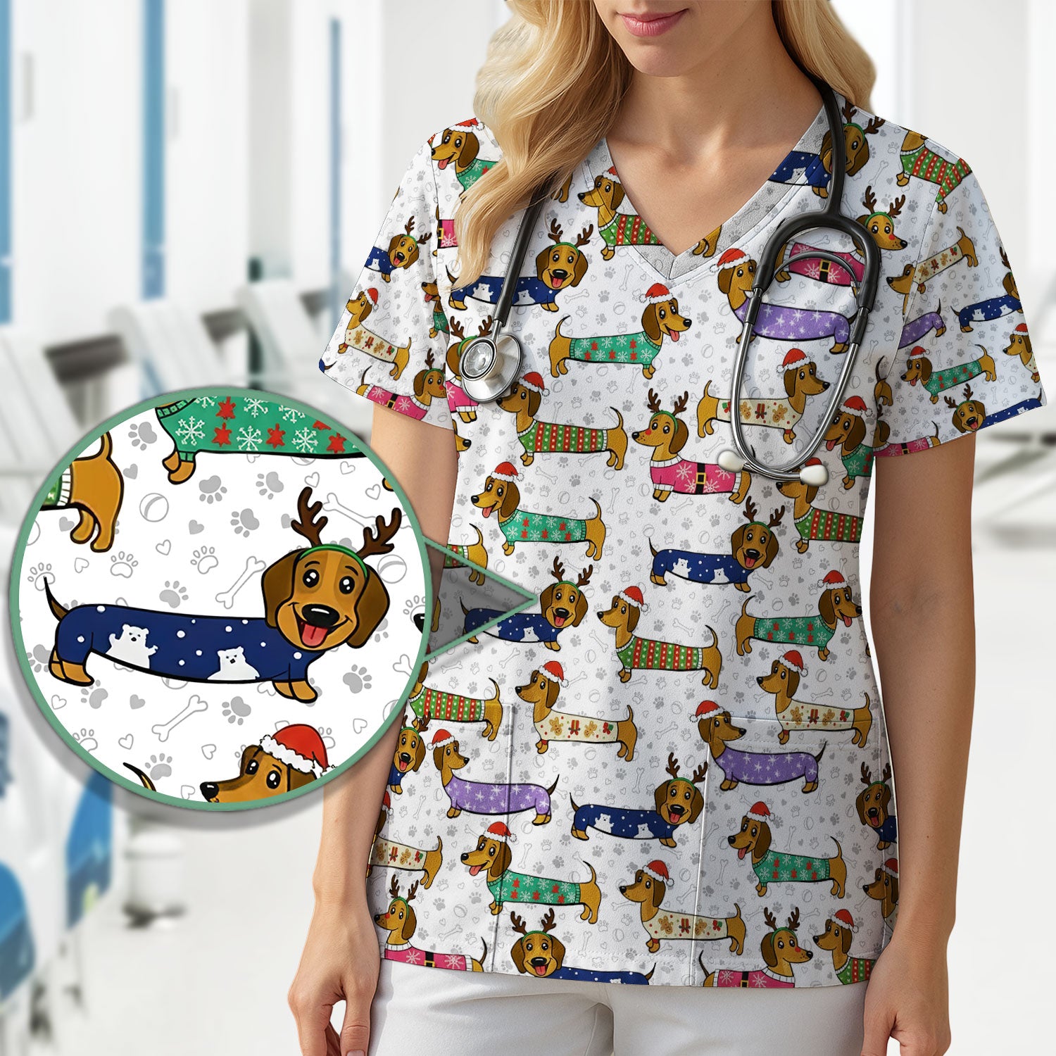 Christmas Dachshund Scrub Top for Women - Cute Dog Nursing Uniform with Pockets - Holiday Reindeer Wiener Dog Shirt - Funny Vet Tech Workwear