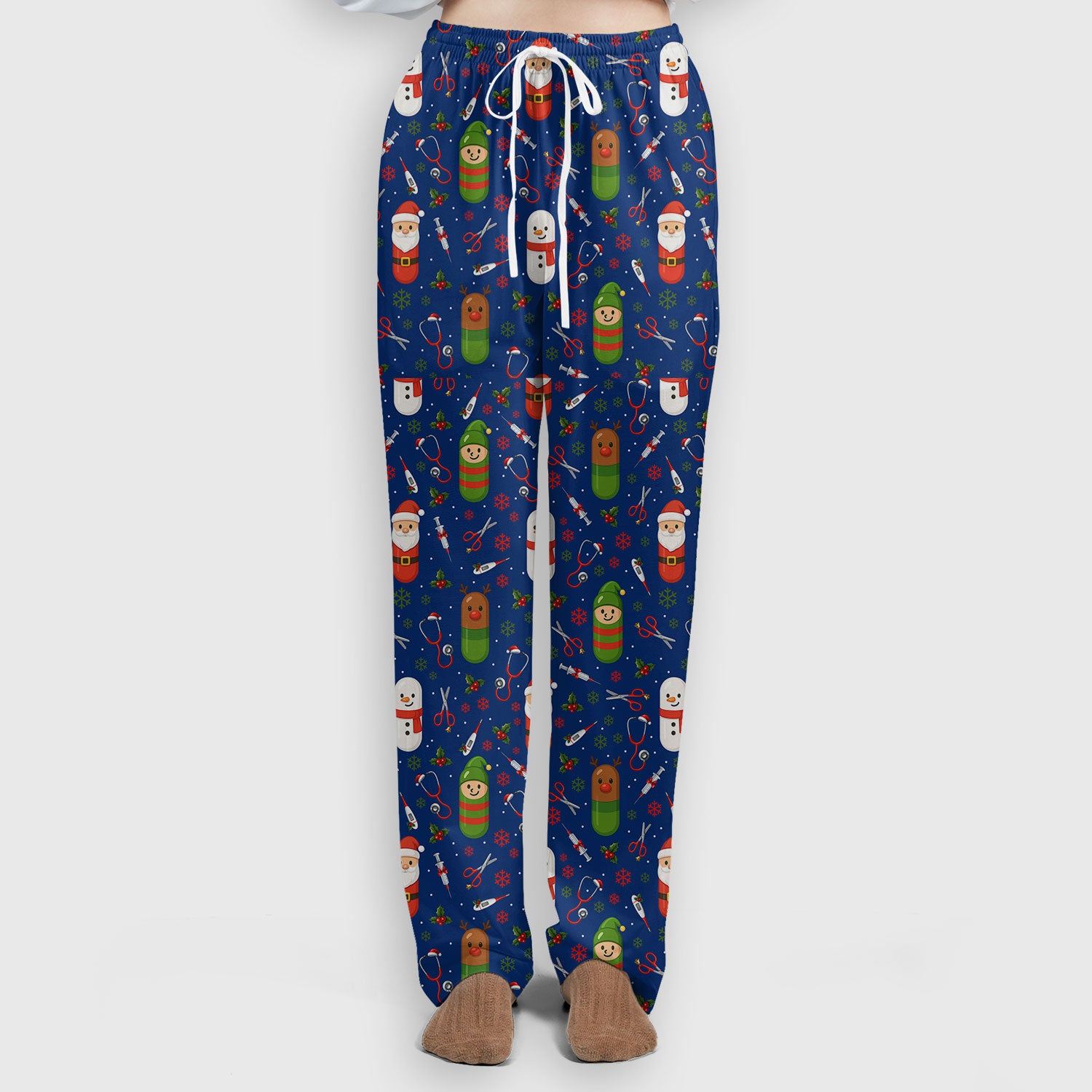 Santa Christmas Scrubs Set - Cute Holiday Pattern with Reindeer and Snowman - Fun Medical Scrub Top and Pants for Women Nurses