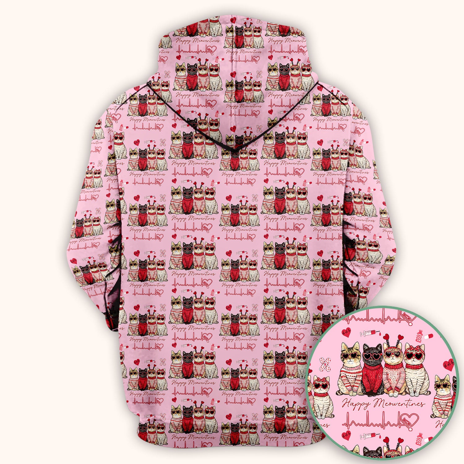 Happy Meowtines Cat Pattern Scrub Top, Valentine Cat Lover Nurse Scrub Shirt, Heartbeat Medical Pattern Nursing Uniform