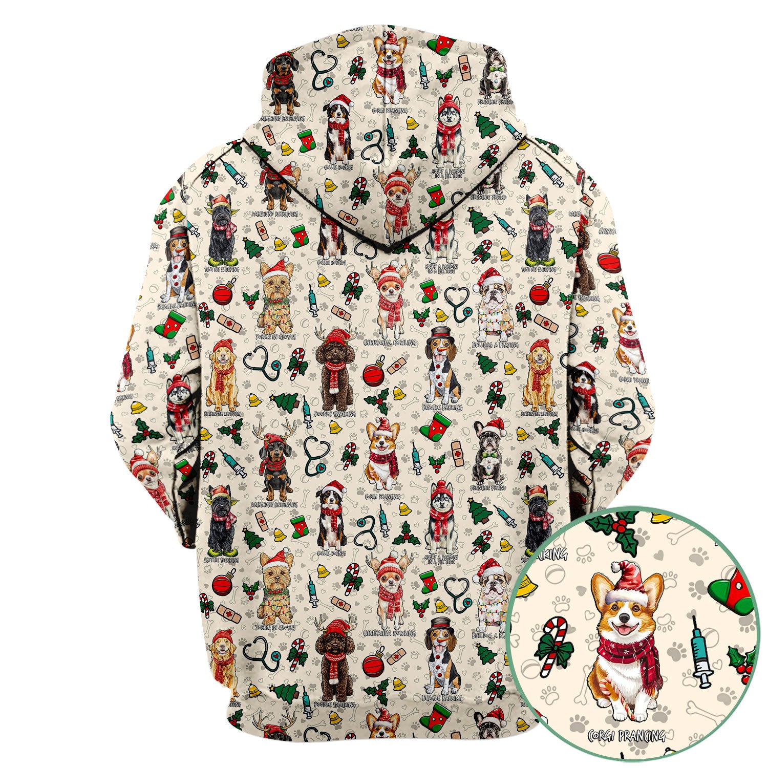 Christmas Dog Scrubs for Nurses – Dachshund, Husky, Poodle, Corgi & Labrador Holiday Scrub Top – Funny Santa Pattern Medical Shirt